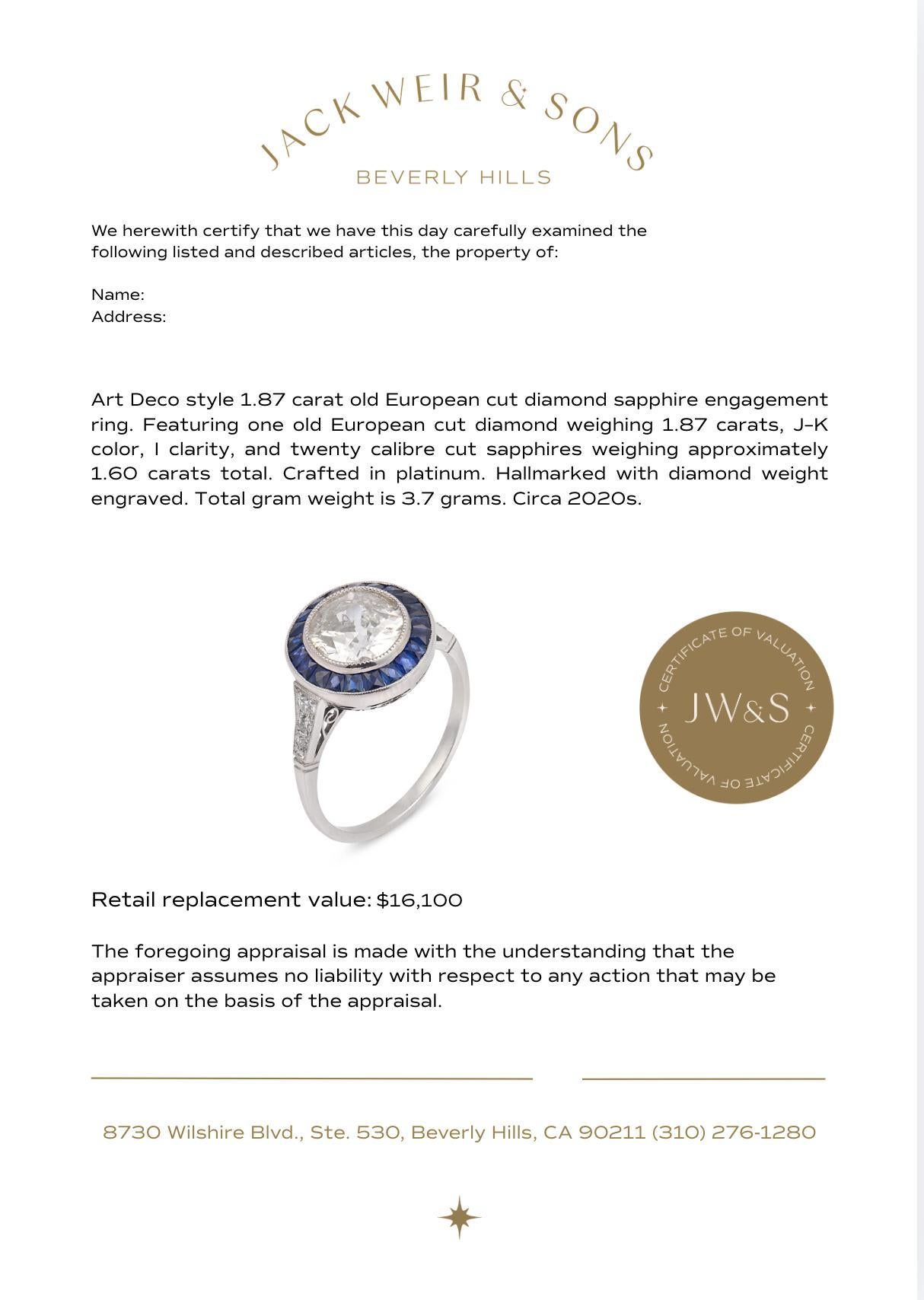 Art Deco style 1.87 carat old European cut diamond sapphire engagement ...