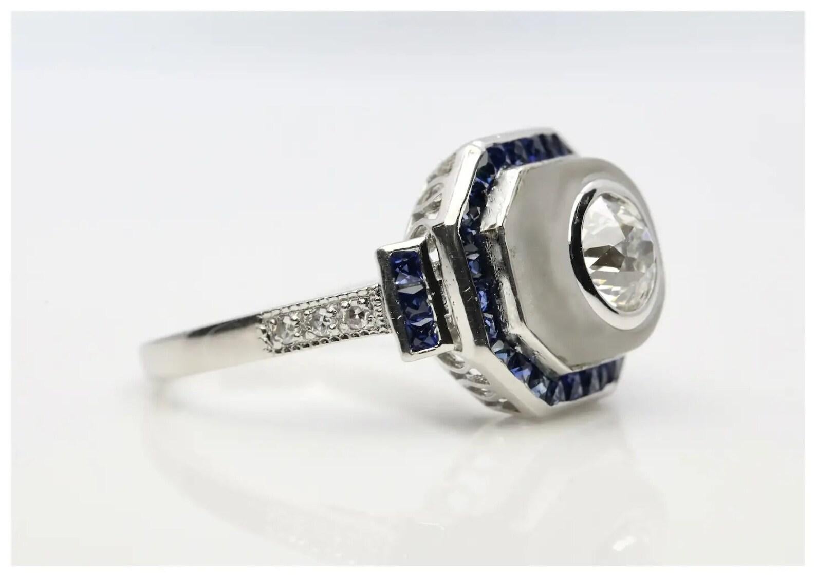 Old European Cut Art Deco Style 1.88 CTW Diamond, Sapphire, & Rock Crystal Engagement Ring  For Sale