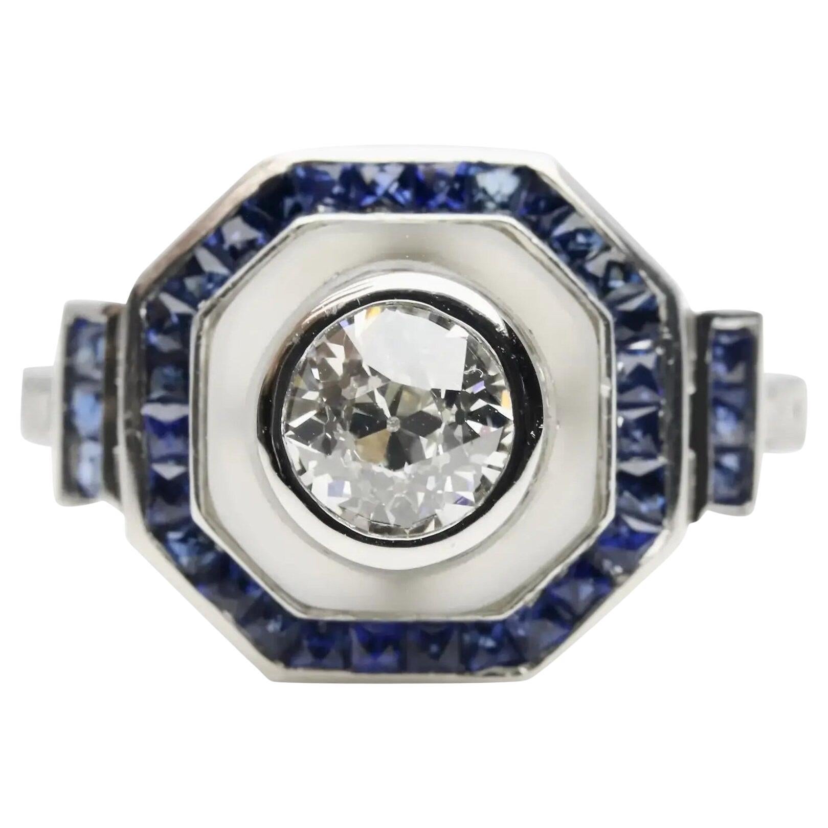 Art Deco Style 1.88 CTW Diamond, Sapphire, & Rock Crystal Engagement Ring  For Sale