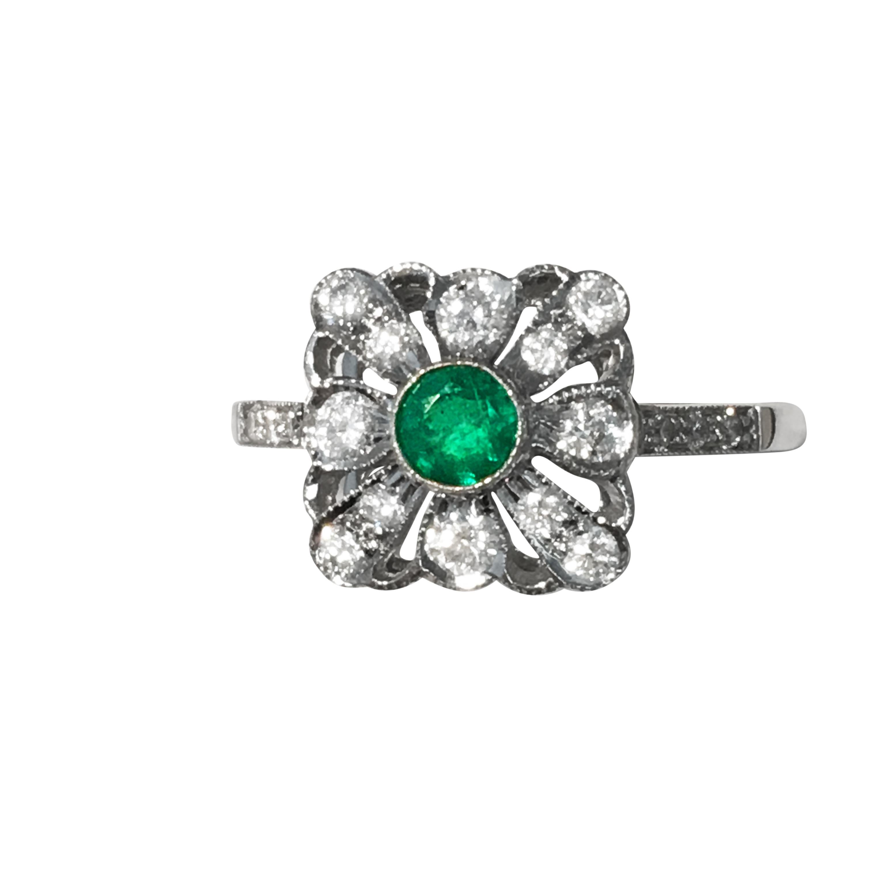 Art Deco Style 18 Carat White Gold Diamond Emerald Engagement Ring For Sale