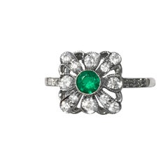 Art Deco Style 18 Carat White Gold Diamond Emerald Engagement Ring