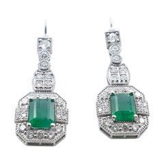 Art Deco Style 18ct White Gold High Level Emerald 
Diamond Drop Earrings