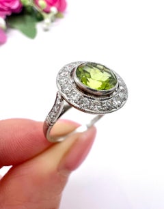 Art Deco Style 18ct White Gold, Peridot & Diamond Round Halo Cluster Ring