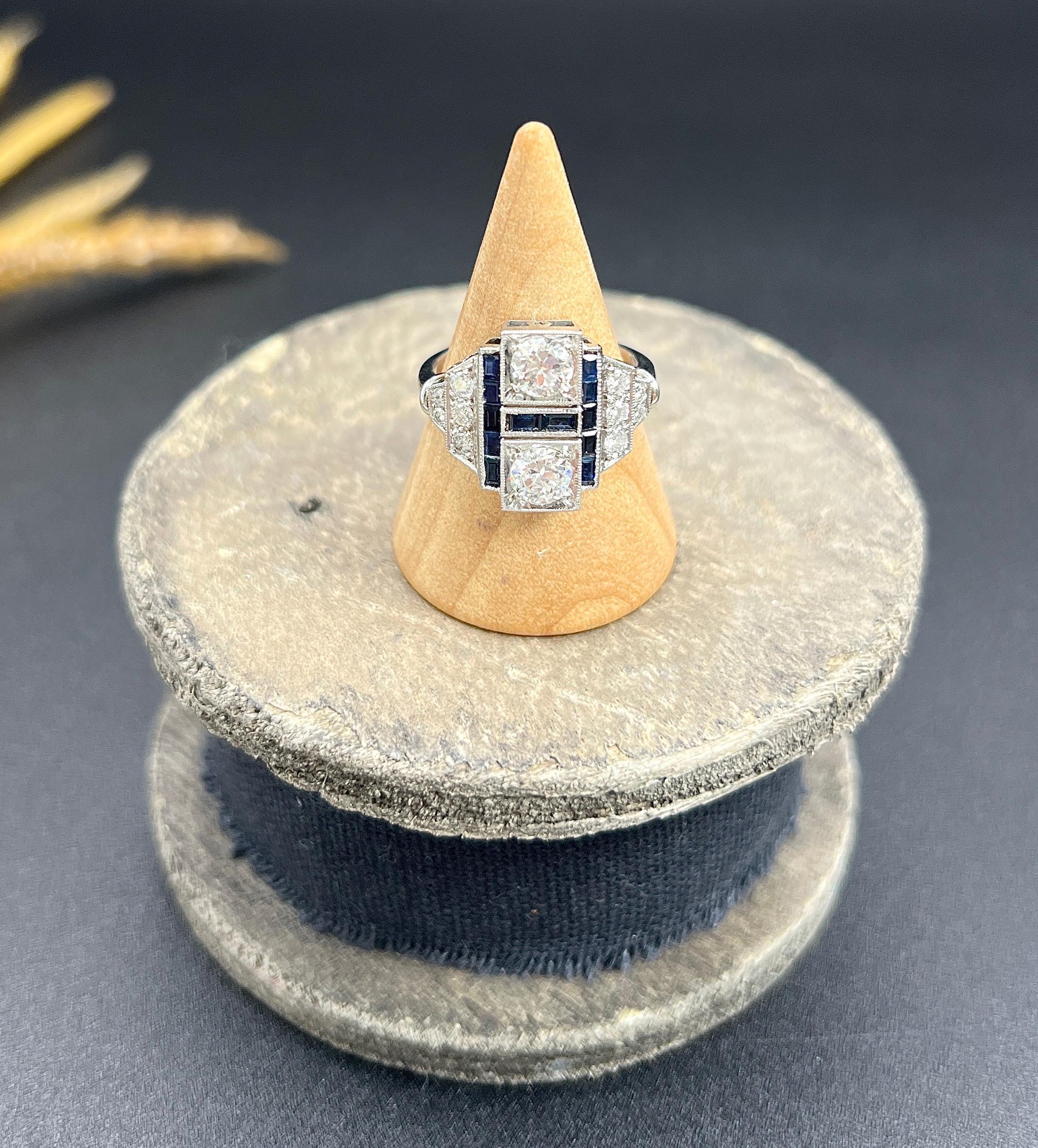 Art Deco Style 18ct White Gold, Sapphire & Diamond Geometric Plaque Ring For Sale 5
