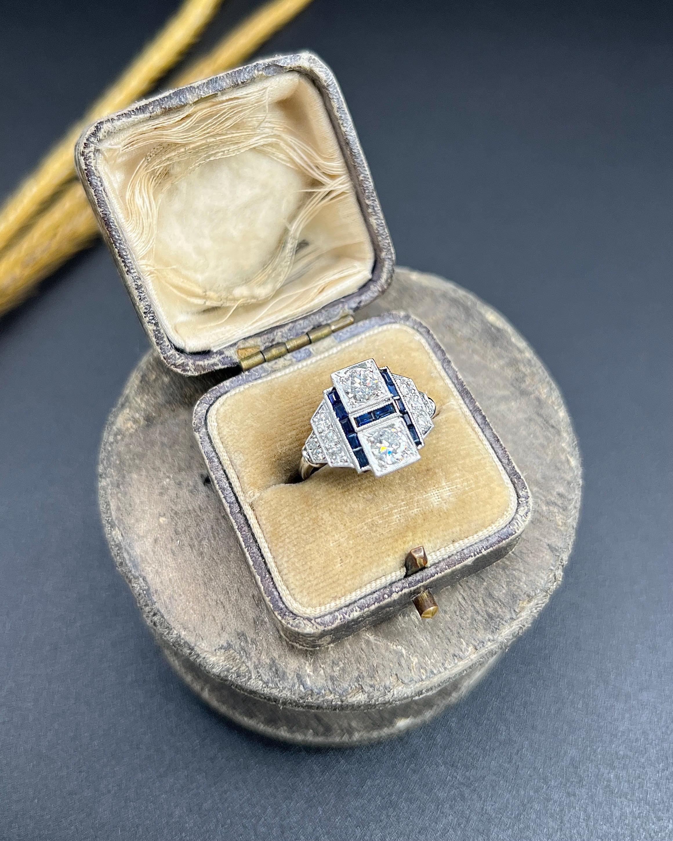Art Deco Style 18ct White Gold, Sapphire & Diamond Geometric Plaque Ring For Sale 6