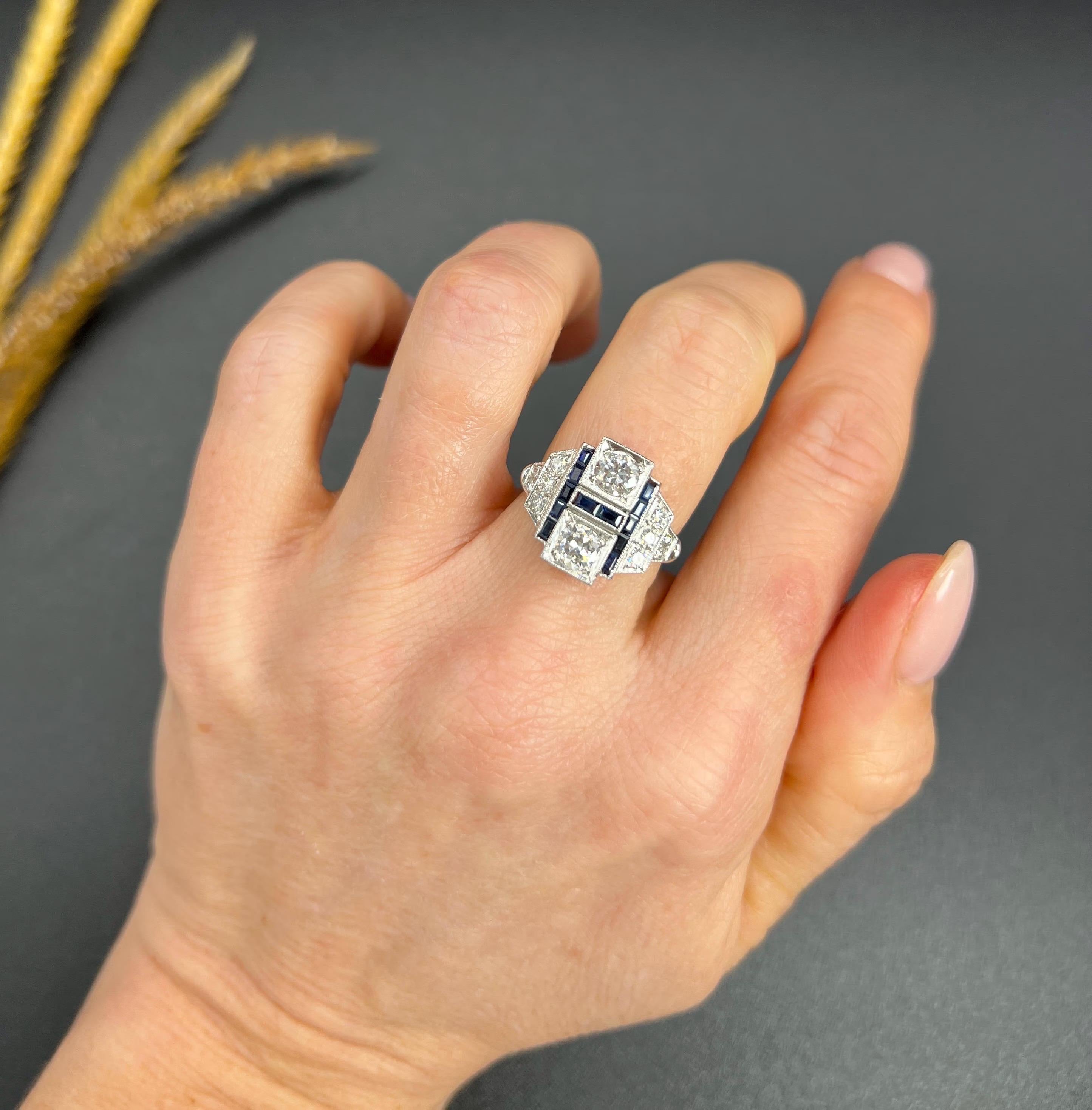 Brilliant Cut Art Deco Style 18ct White Gold, Sapphire & Diamond Geometric Plaque Ring For Sale