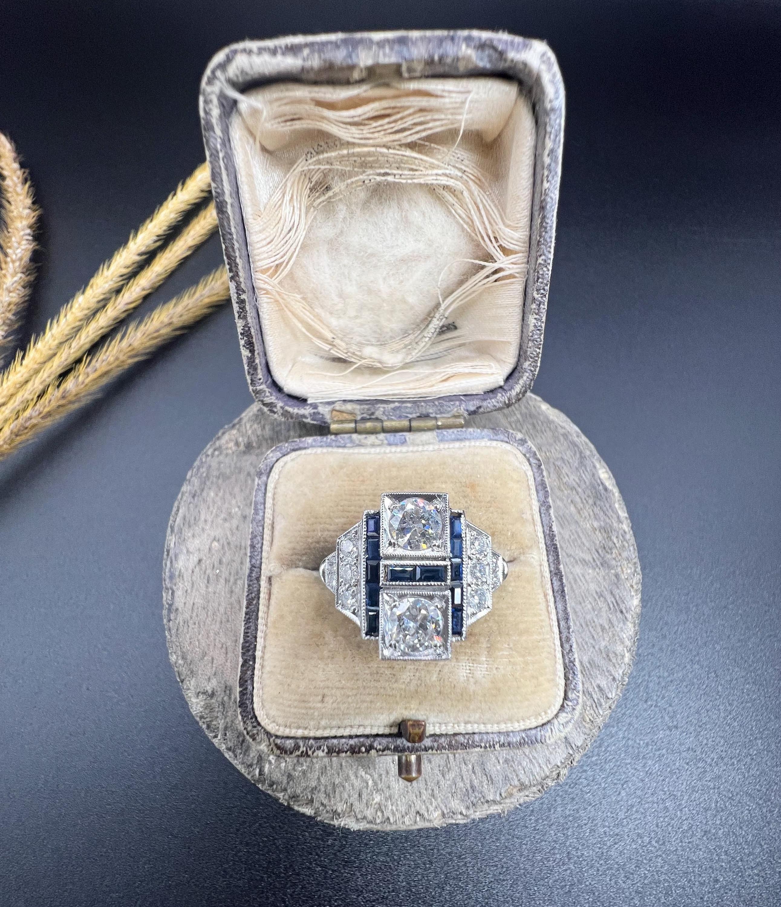 Women's or Men's Art Deco Style 18ct White Gold, Sapphire & Diamond Geometric Plaque Ring For Sale