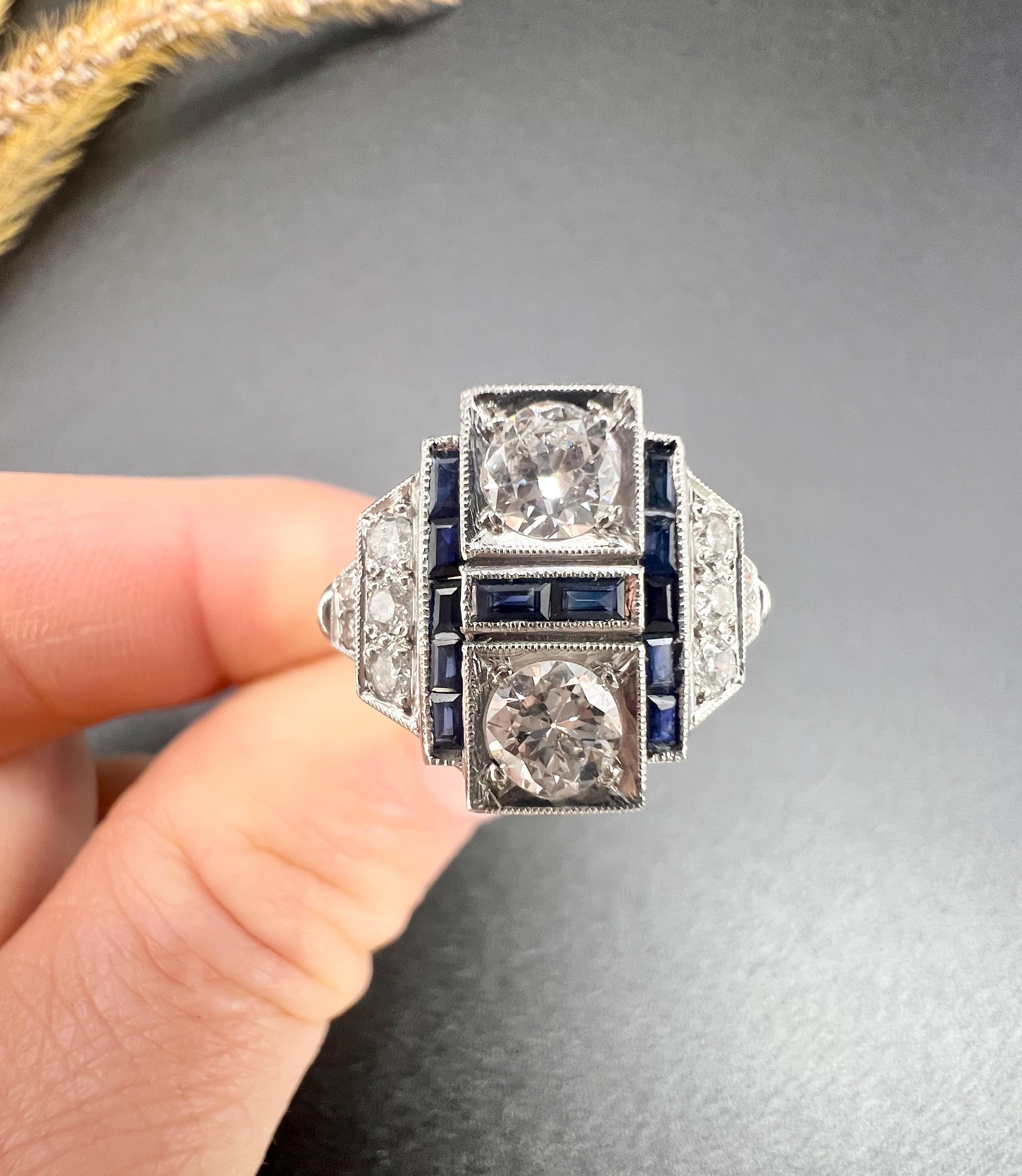 Art Deco Style 18ct White Gold, Sapphire & Diamond Geometric Plaque Ring For Sale 1