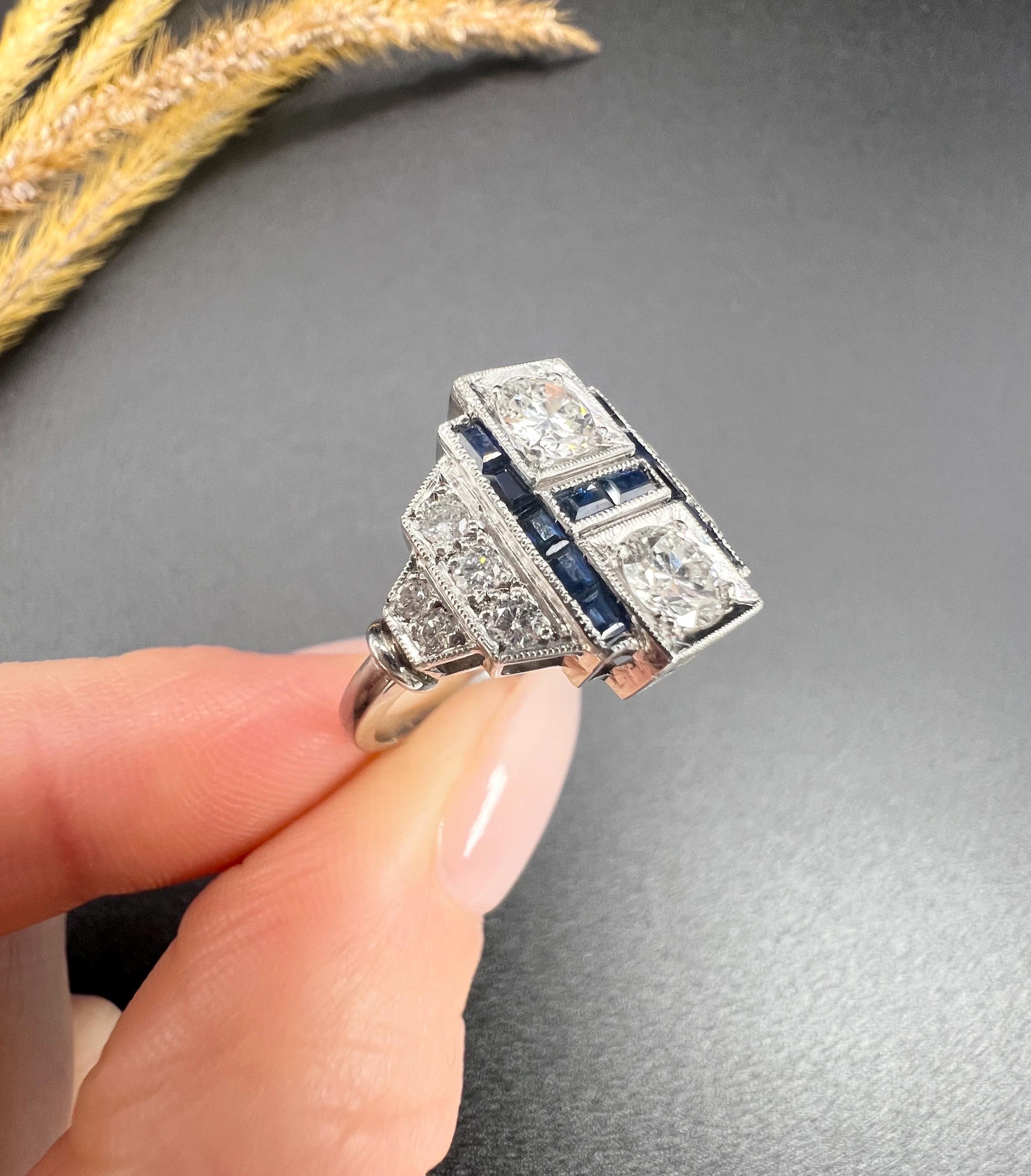 Art Deco Style 18ct White Gold, Sapphire & Diamond Geometric Plaque Ring For Sale 2