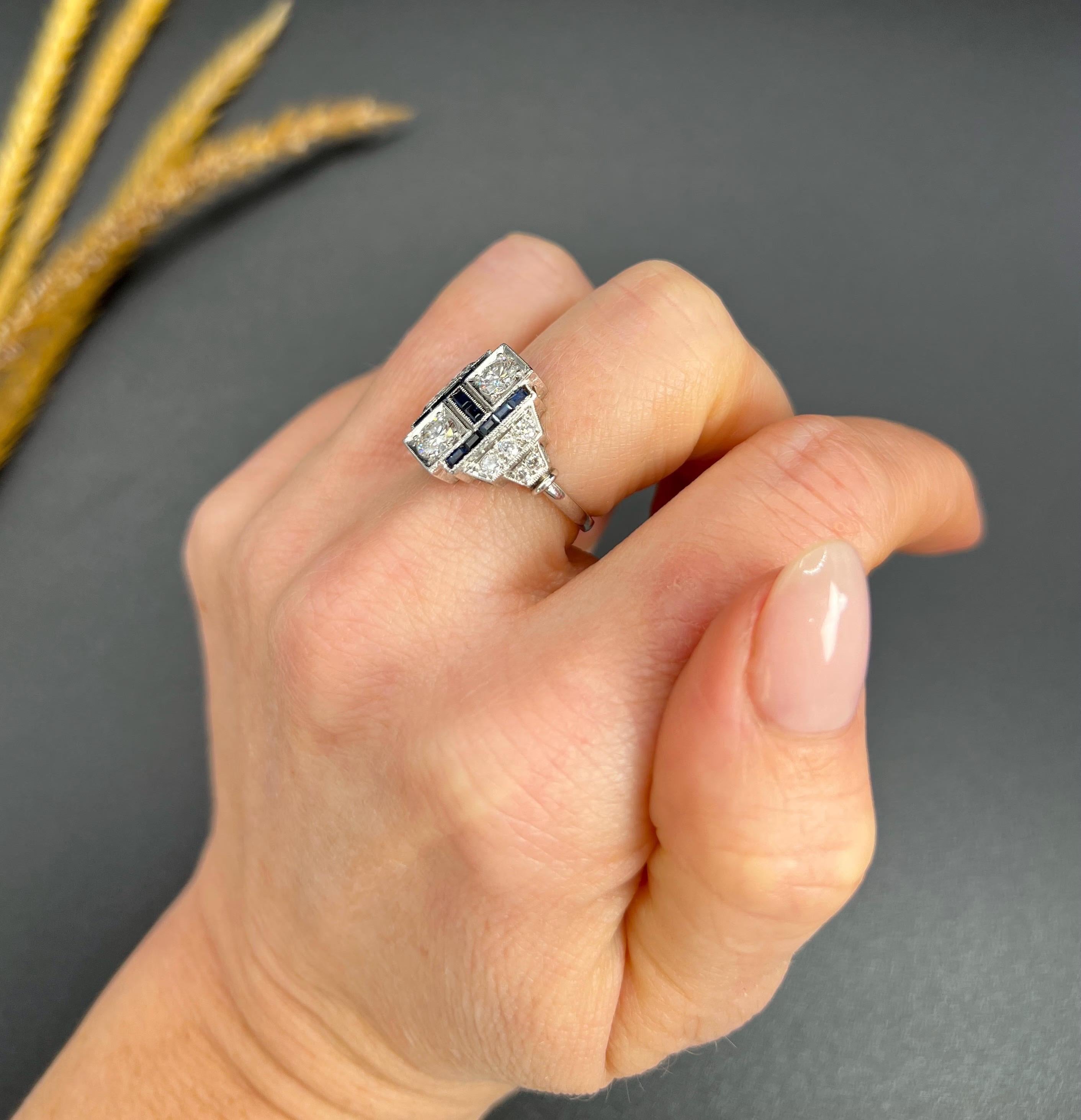Art Deco Style 18ct White Gold, Sapphire & Diamond Geometric Plaque Ring For Sale 3