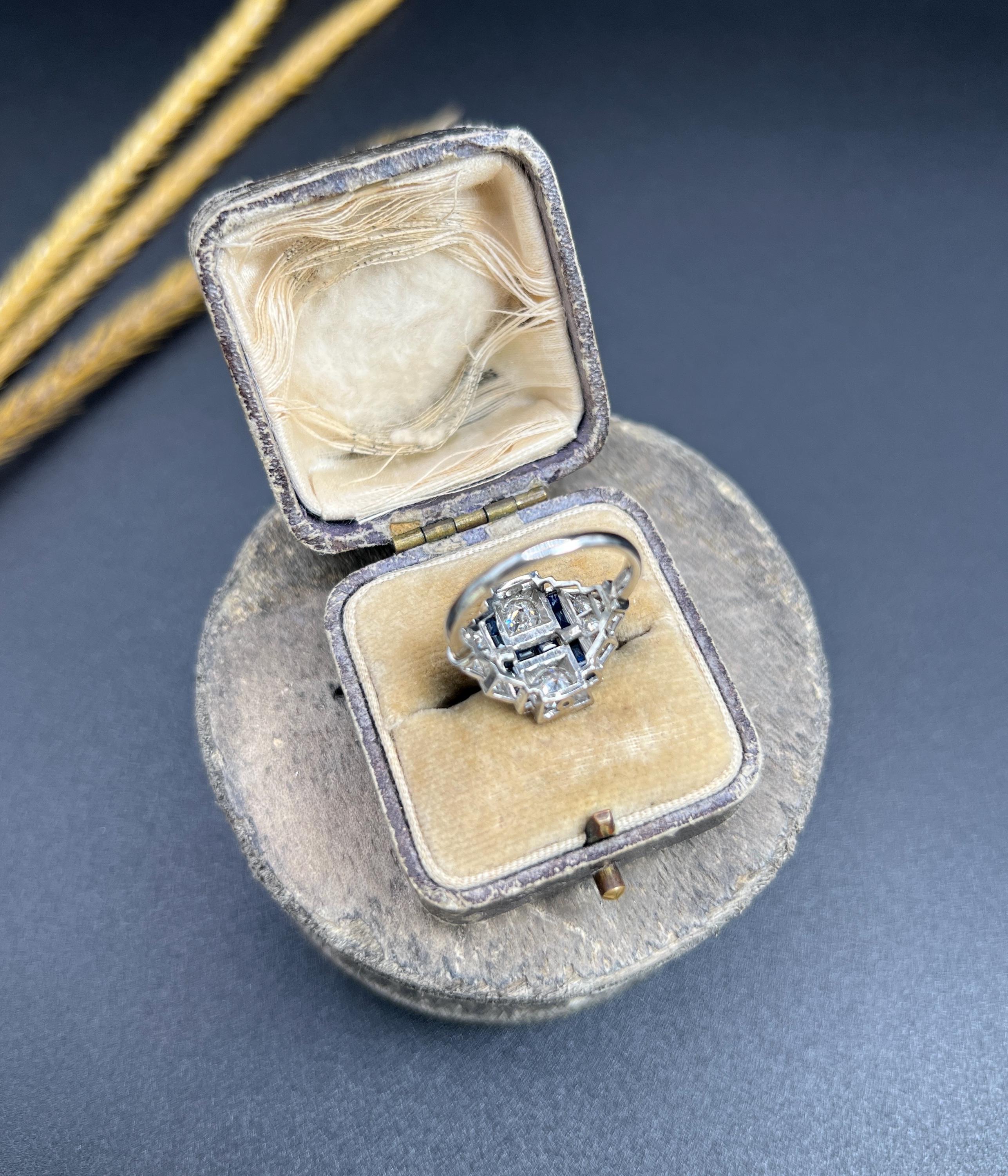 Art Deco Style 18ct White Gold, Sapphire & Diamond Geometric Plaque Ring For Sale 4