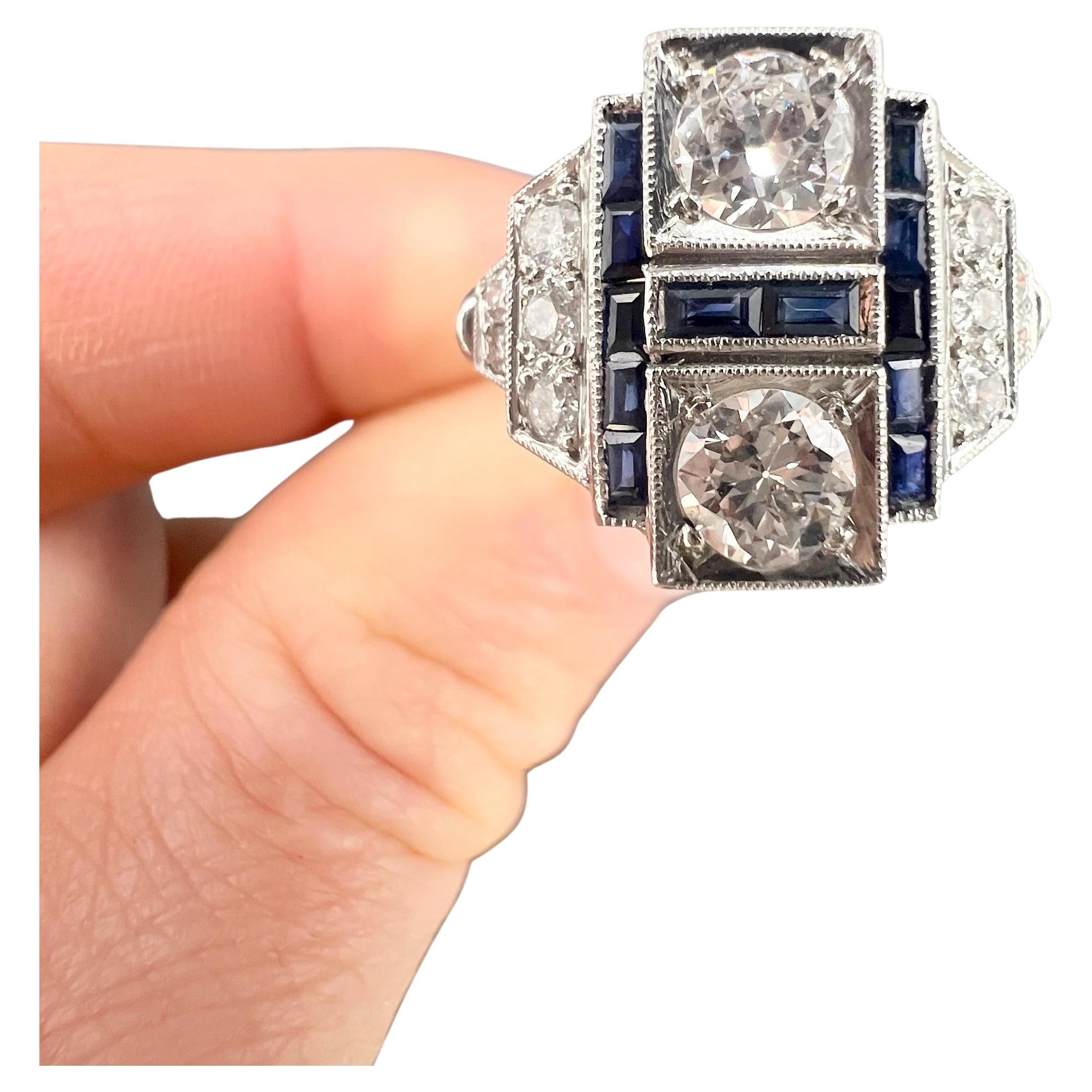 Art Deco Style 18ct White Gold, Sapphire & Diamond Geometric Plaque Ring