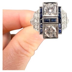 Art Deco Style 18ct White Gold, Sapphire & Diamond Geometric Plaque Ring