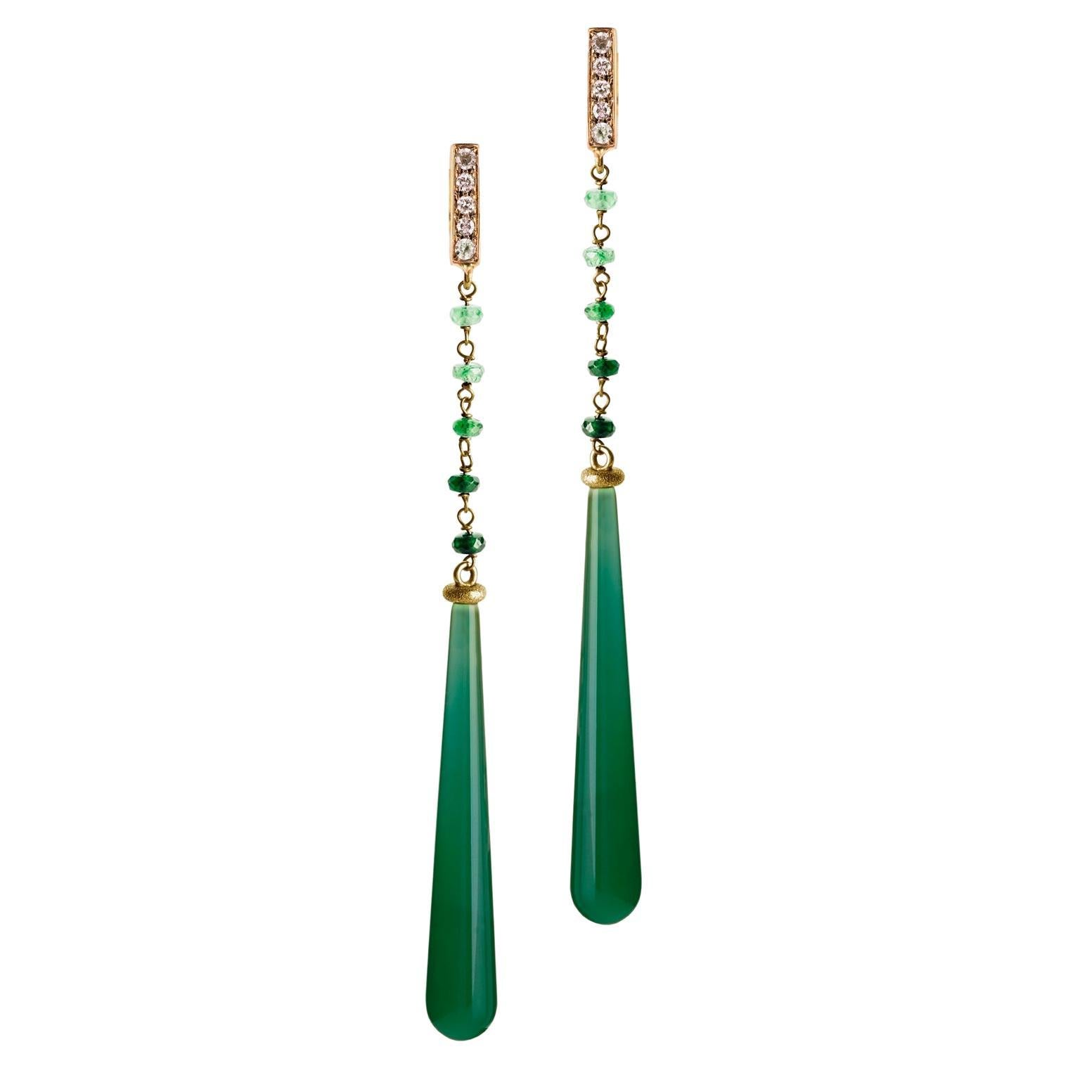   0.45 Emeralds Agate 18k Gold 0.30 Karat Gray Diamond Dangle Earrings For Sale