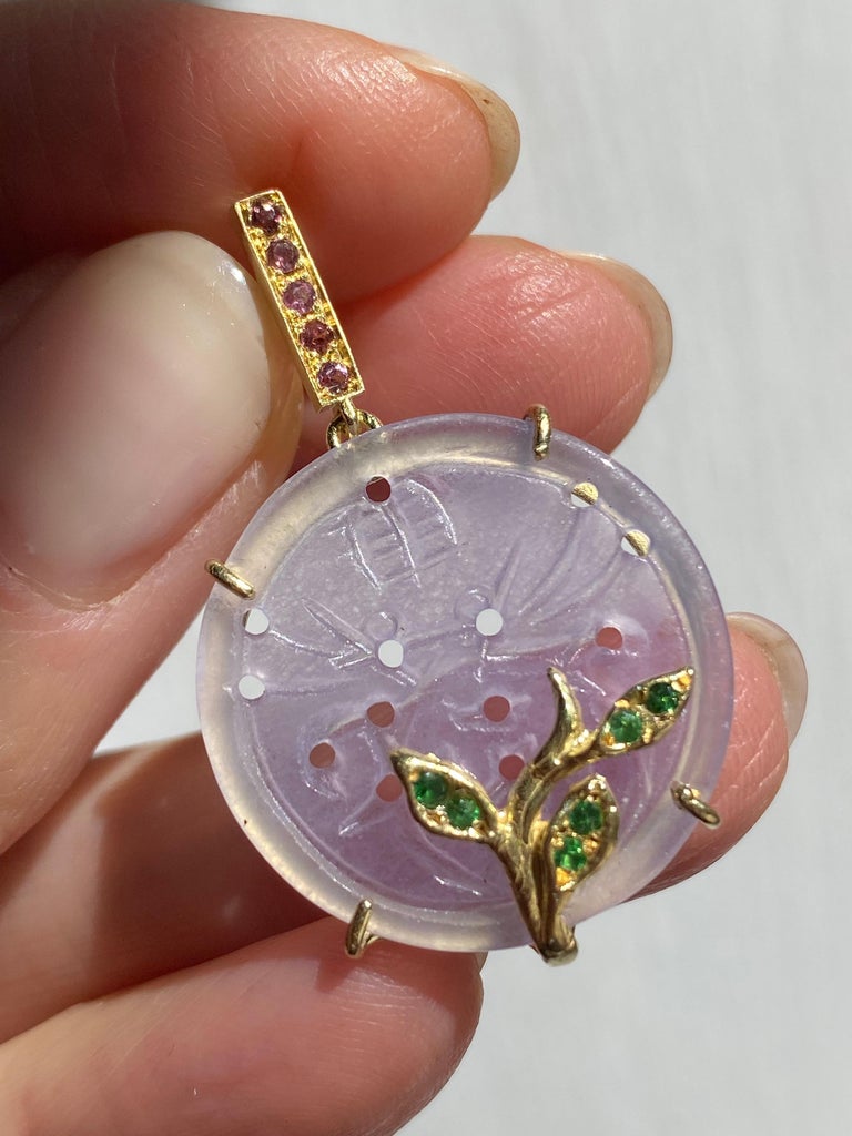 Art Deco Style 18K Gold Carved Purple Color Rose Quartz Pansy Dangle