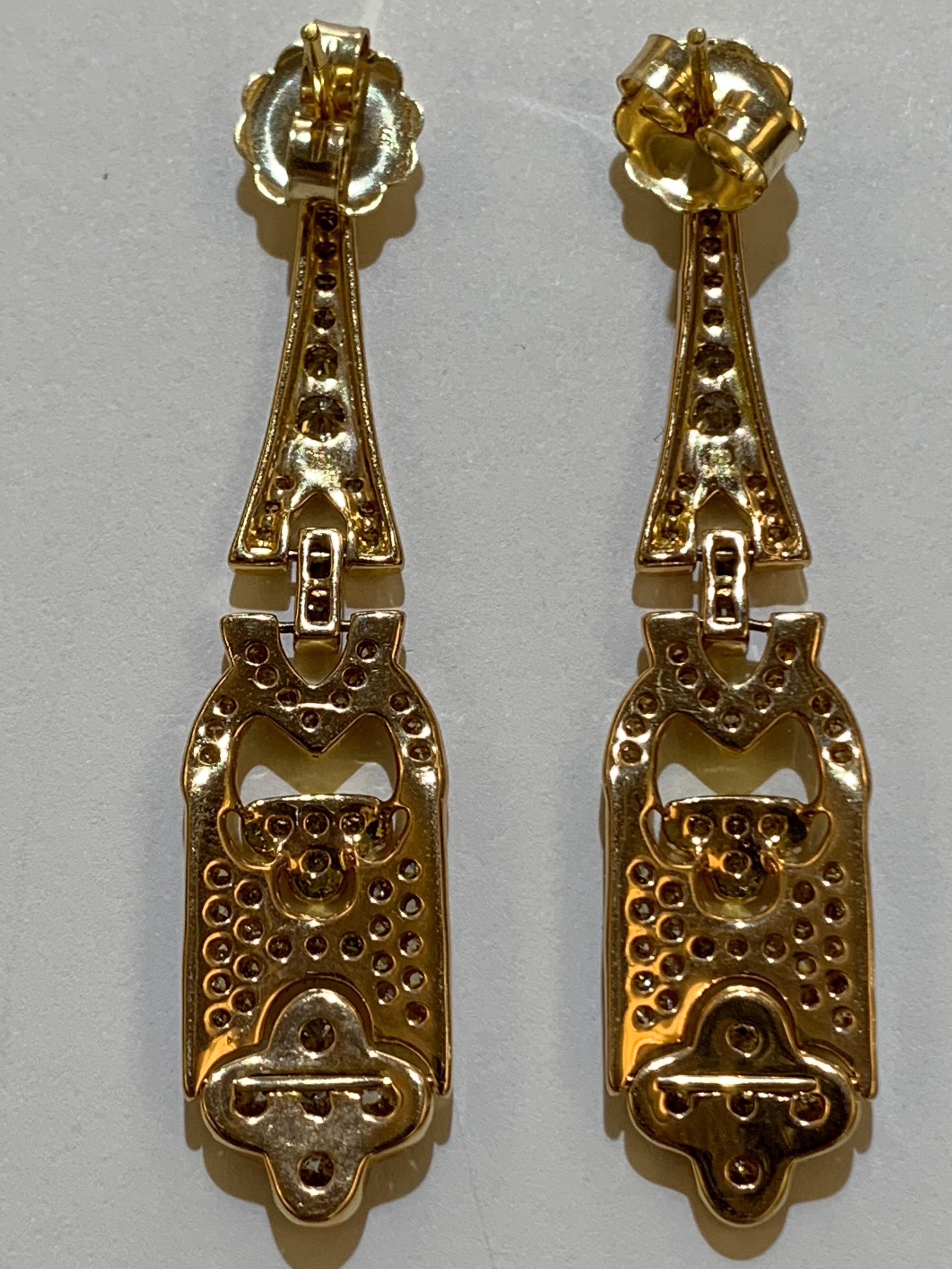 Art Deco Style 18K Gold Long Dangle Earrings With Diamonds In New Condition For Sale In New York, NY