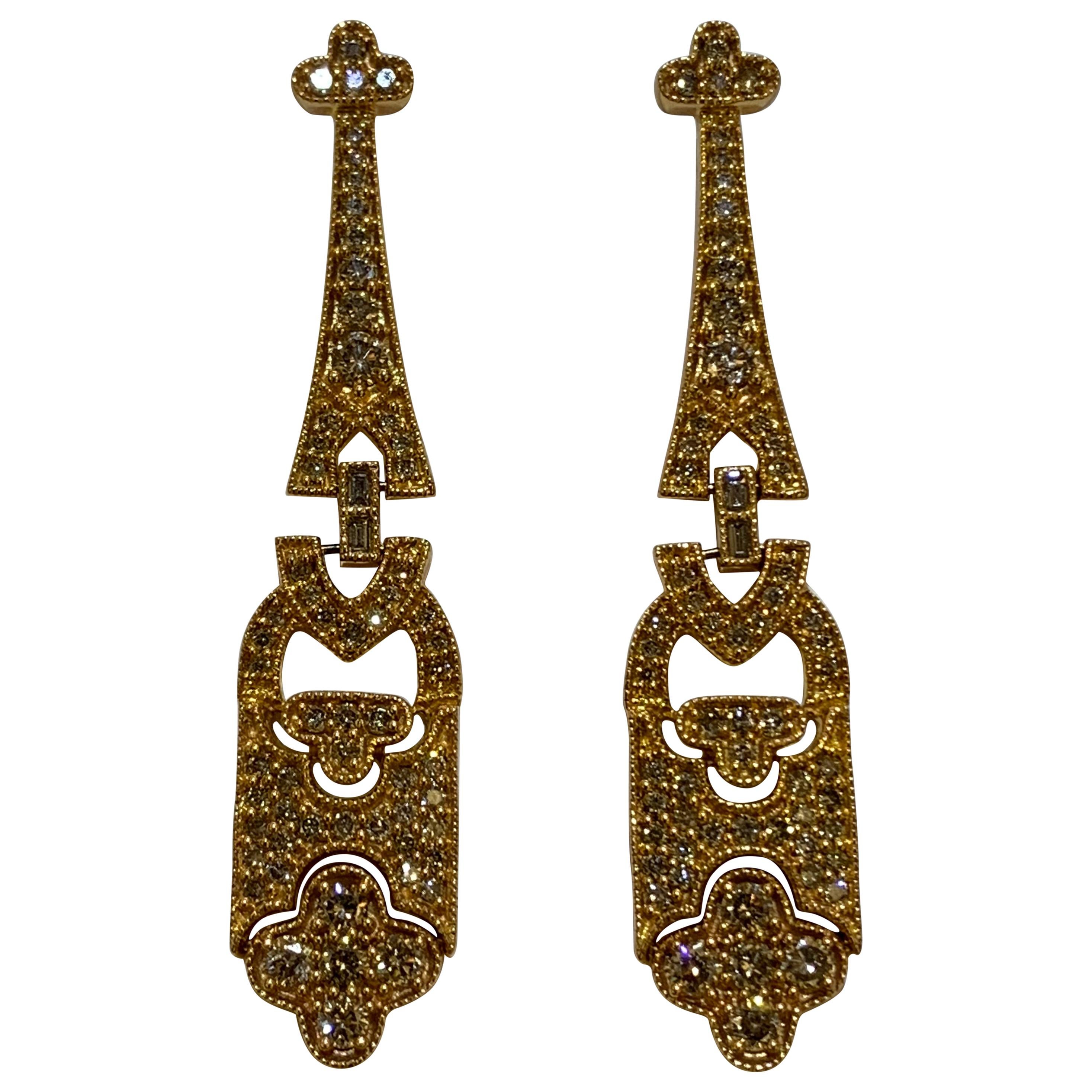 Art Deco Style 18K Gold Long Dangle Earrings With Diamonds For Sale