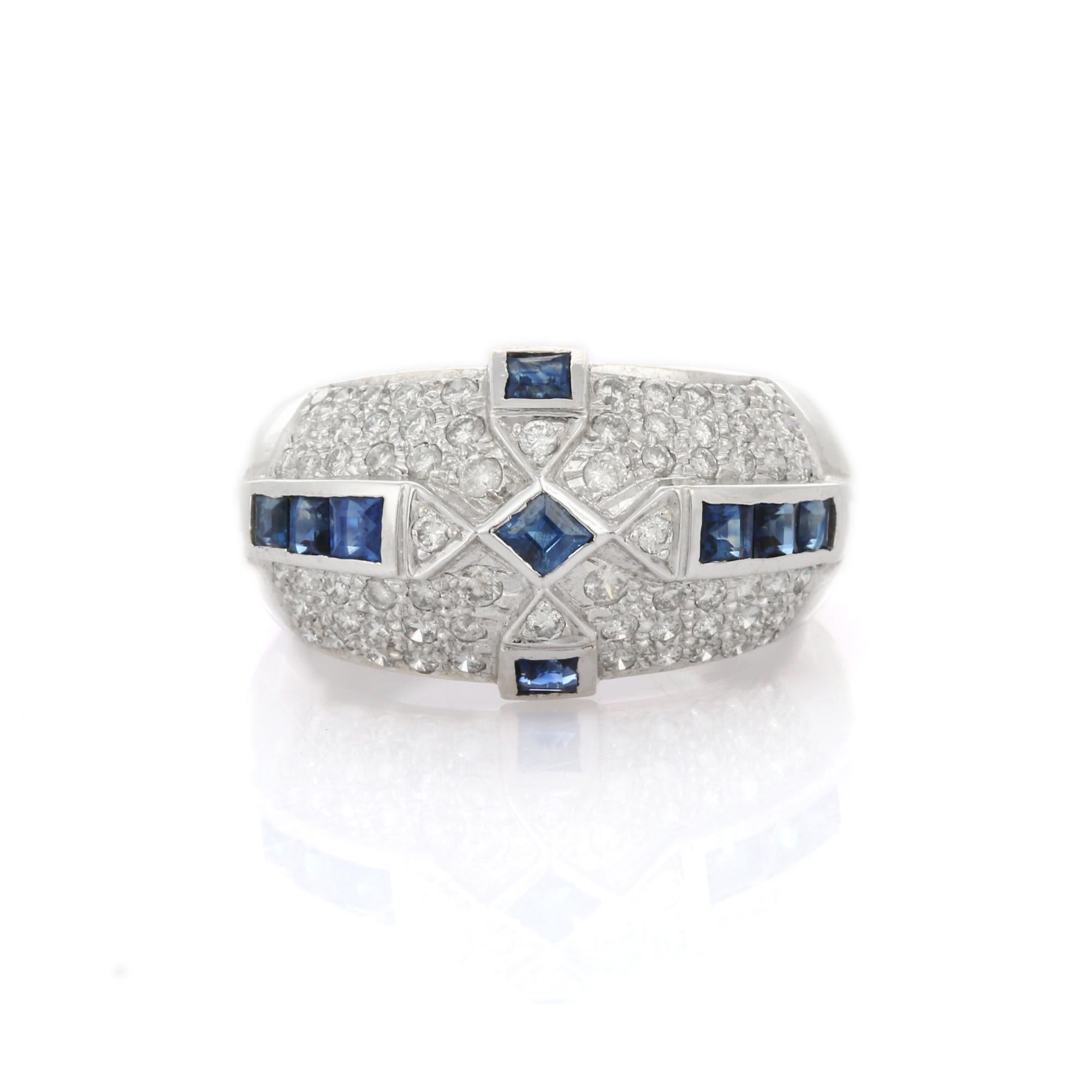 For Sale:  Art Deco Inspired 18K White Gold Blue Sapphire Diamond Cocktail Dome Ring 2