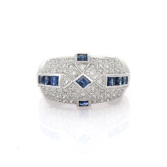Art Deco Inspired 18K White Gold Blue Sapphire Diamond Cocktail Dome Ring