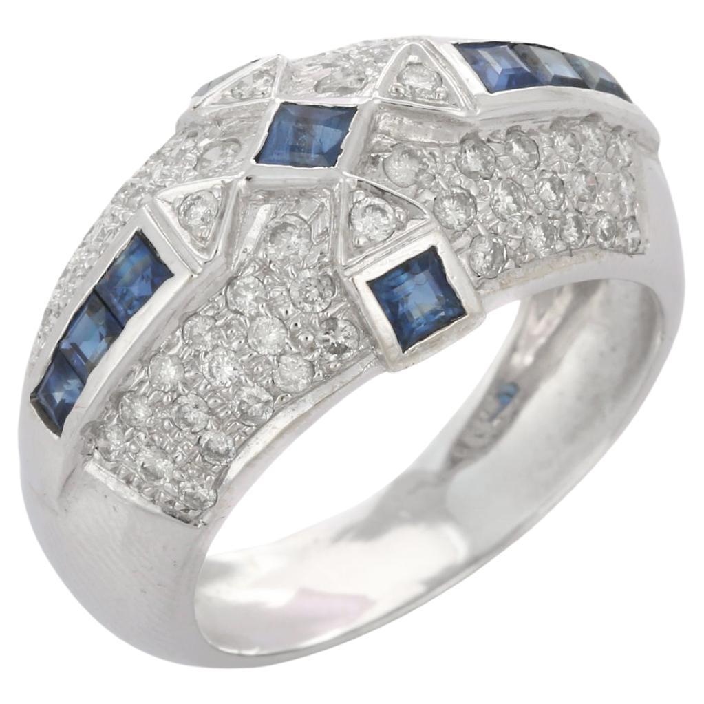 Bague d'inspiration Art Déco en or blanc 18 carats, saphir bleu, diamant, dôme de cocktail