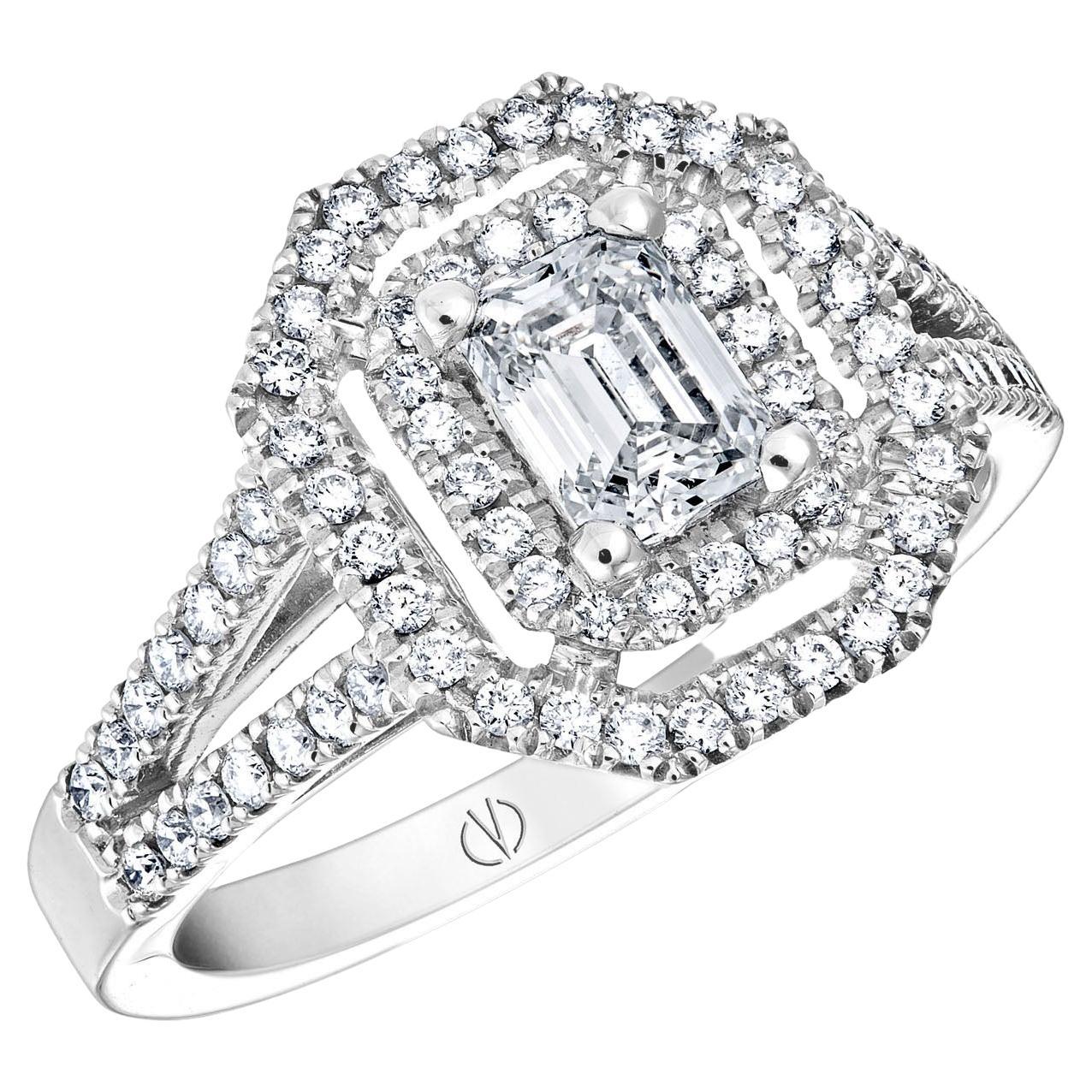 GIA Certified FVS 0.60Ct Emerald Cut Diamond Ring 18K White Gold 0.43Ct Diamonds