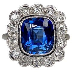 Art Deco Style 18K White Gold 4.50ct Sapphire 0.63ct Diamond Square Ring