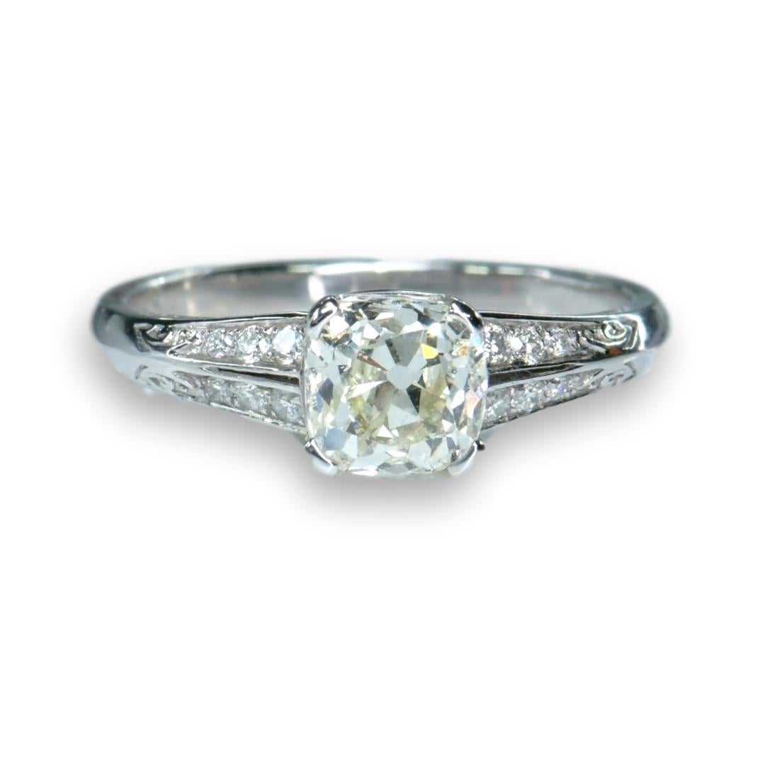 Antique Cushion Cut Art Deco Style 18 Karat White Gold and Diamond Solitaire Ring For Sale