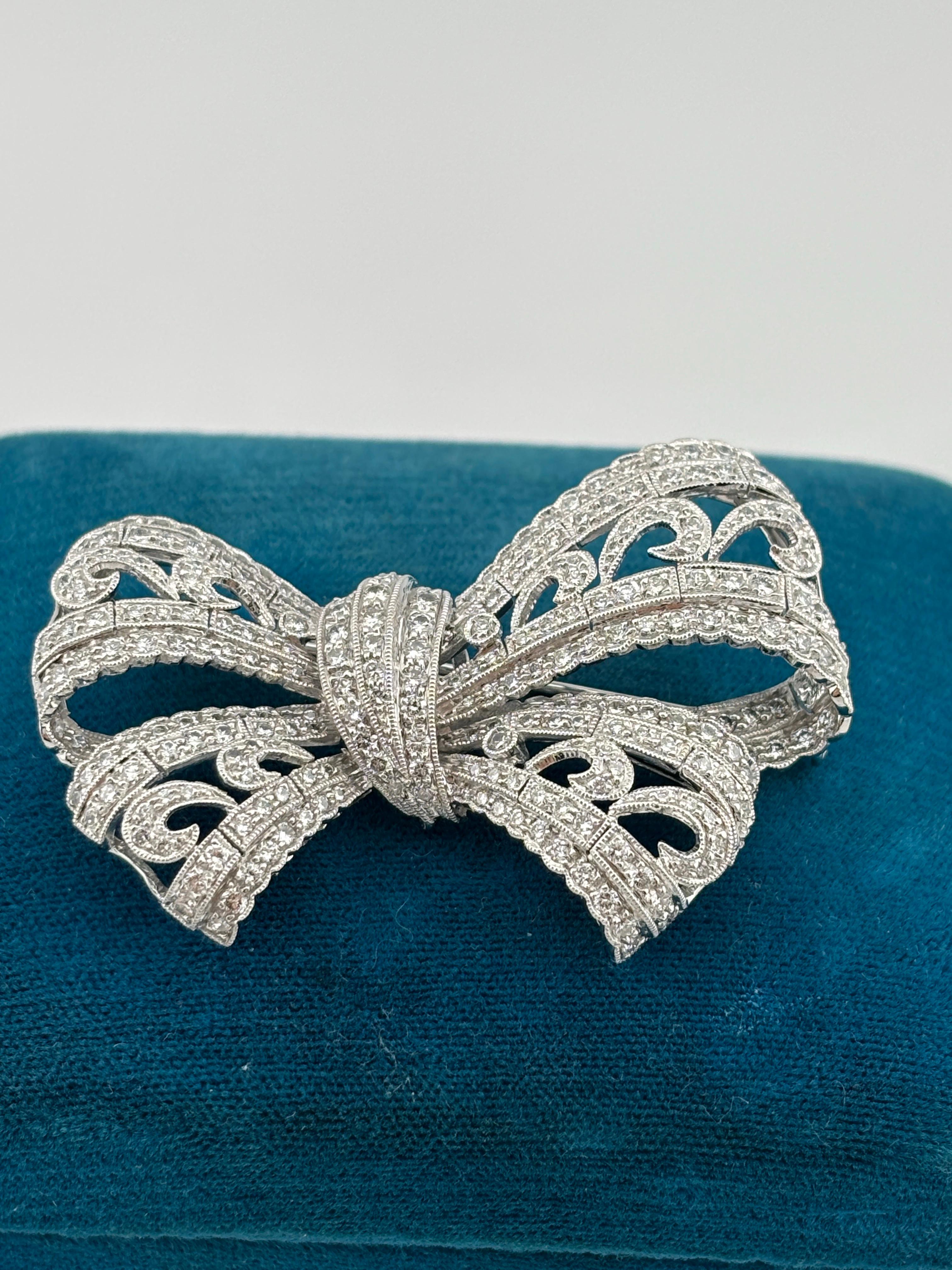 Art Deco Style 18k White Gold Diamond Bow Brooch For Sale 7