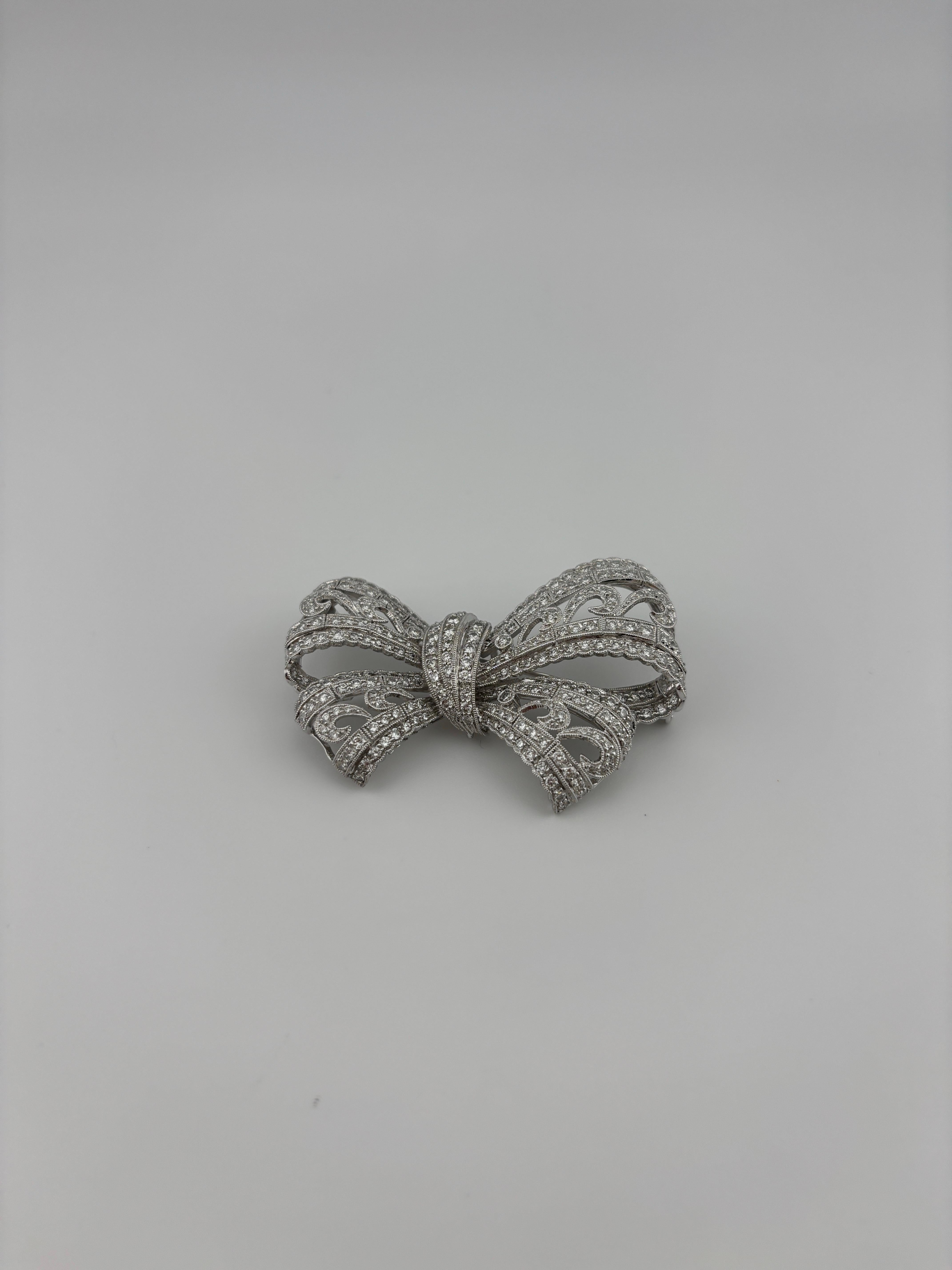 Art Deco Style 18k White Gold Diamond Bow Brooch For Sale 9