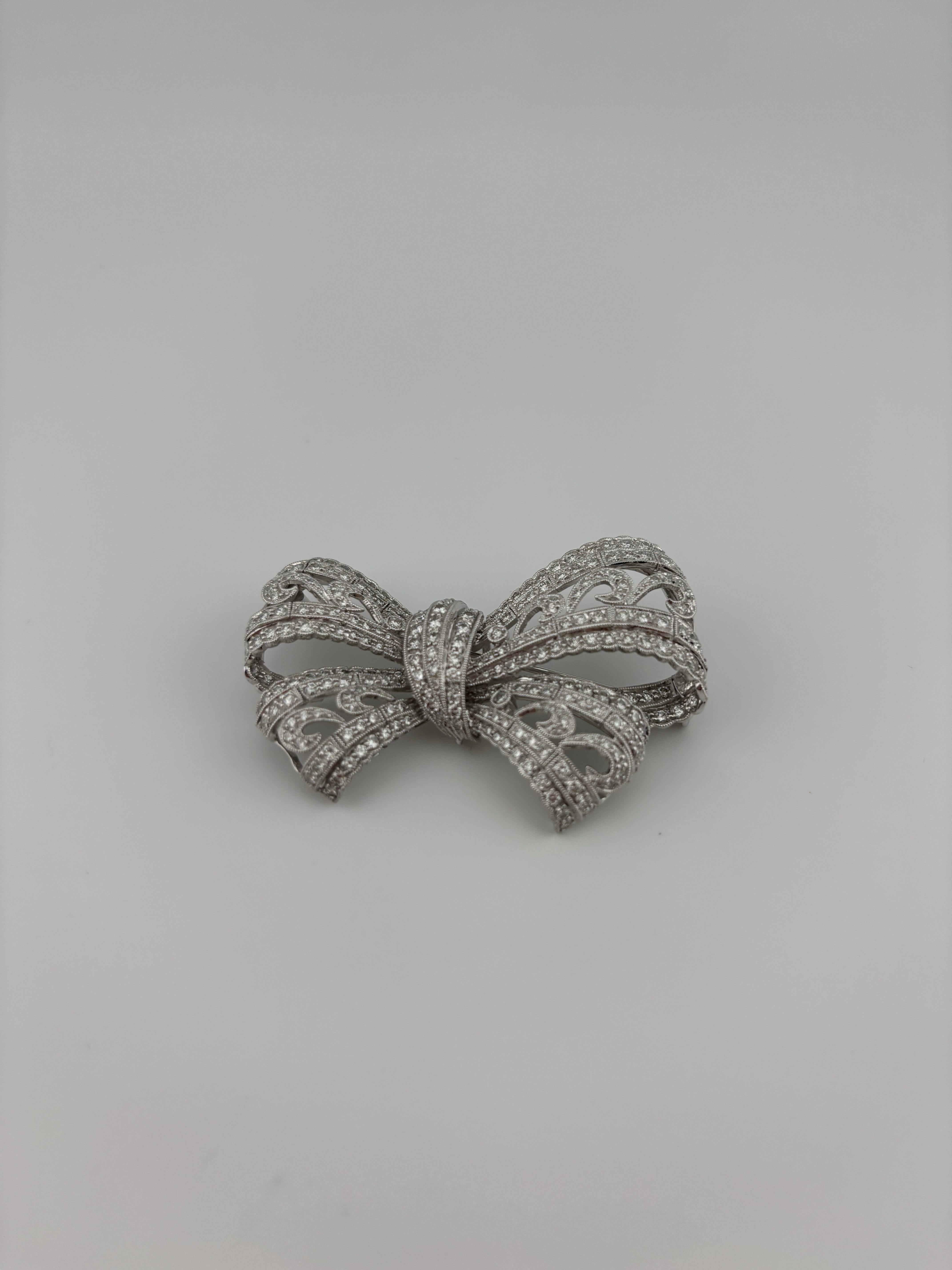 Art Deco Style 18k White Gold Diamond Bow Brooch For Sale 1
