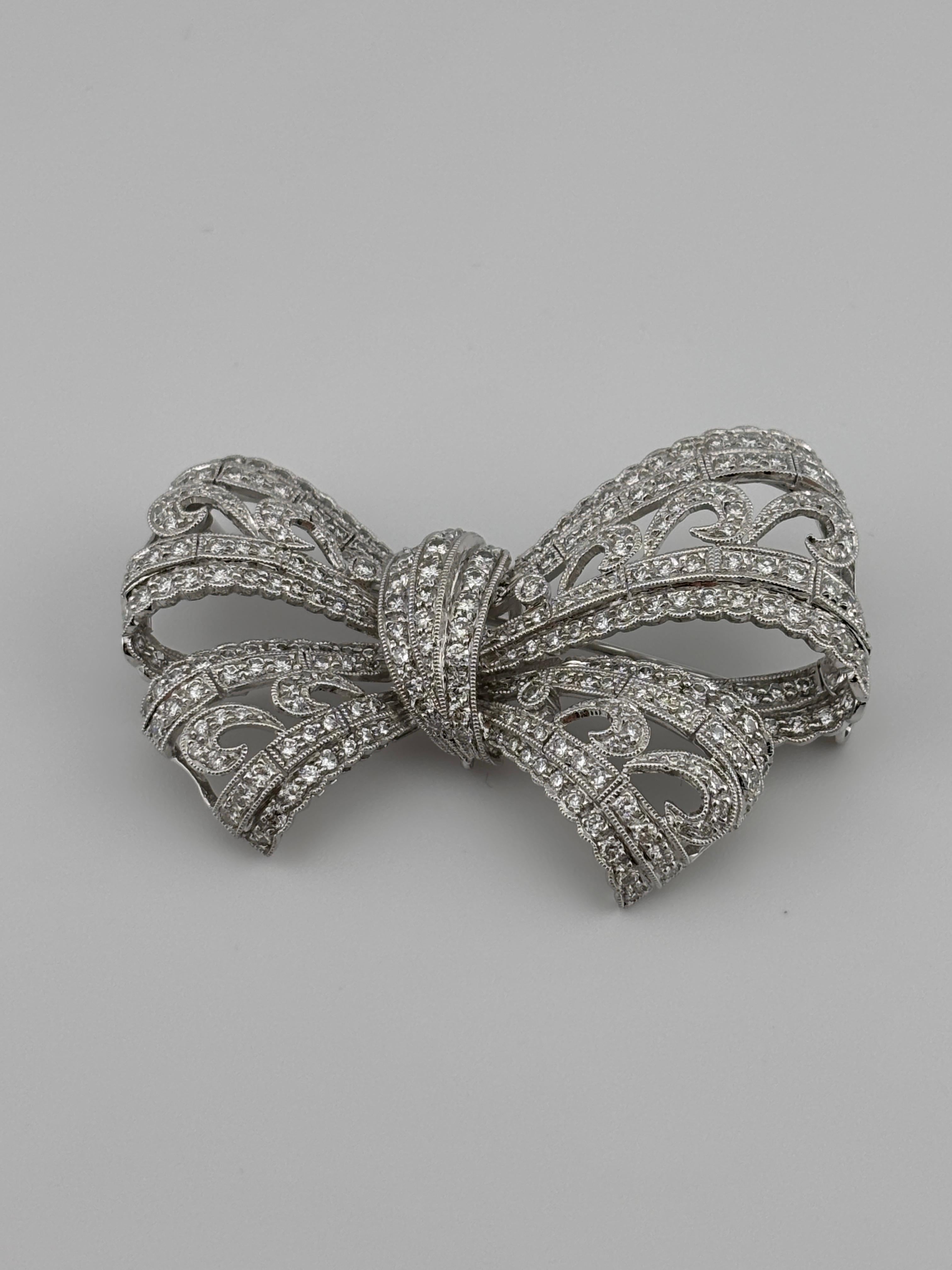 Art Deco Style 18k White Gold Diamond Bow Brooch For Sale 3