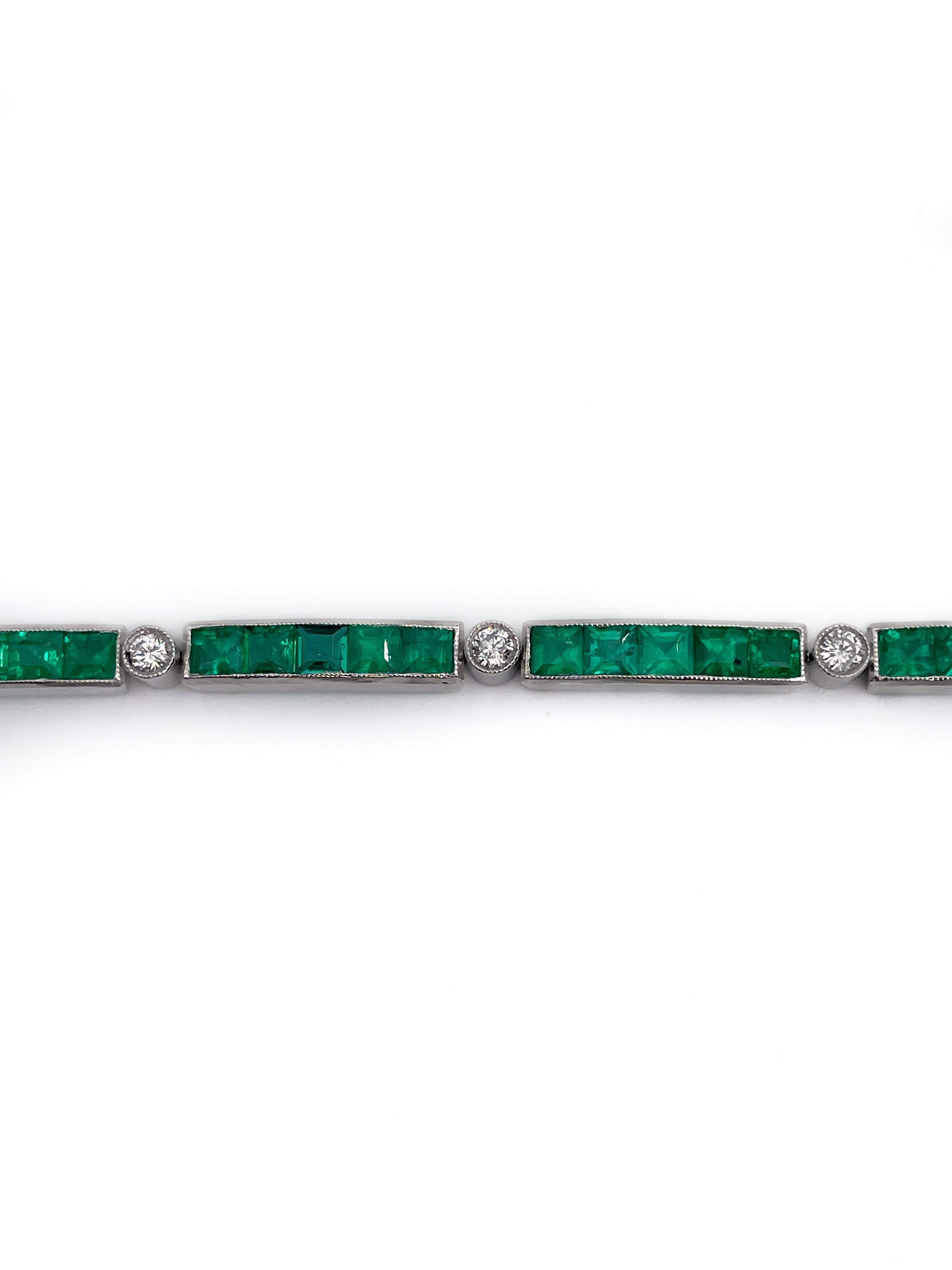 This is a gorgeous Art Deco style tennis bracelet crafted in 14K white gold and 850 hallmark platinum. It features 45 baguette cut emeralds and 9 round old cut diamonds. 

Emeralds: 5.40ct, very strongly bluish green (vstgB 3/5), SI-I2, F
Diamonds: