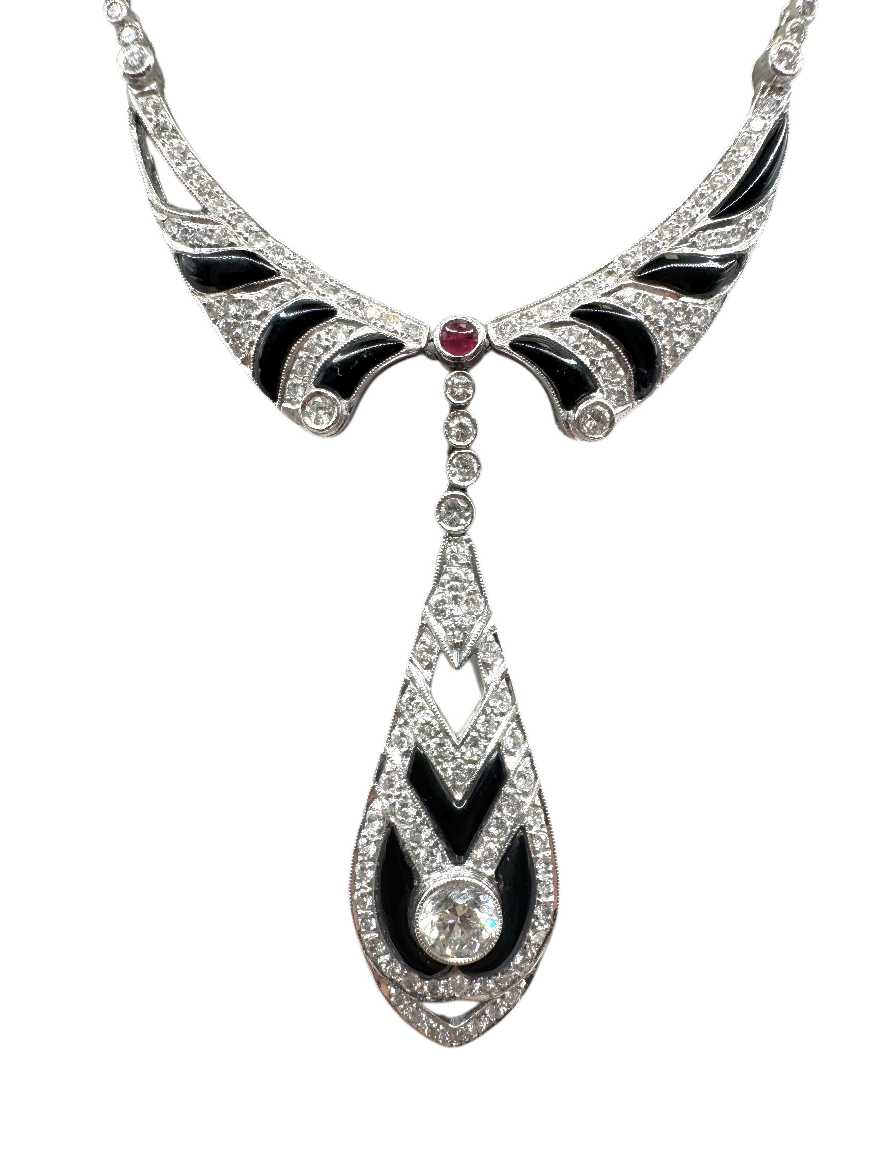 Collier goutte de style Art déco en or blanc 18 carats avec onyx, diamants et rubis en vente 5