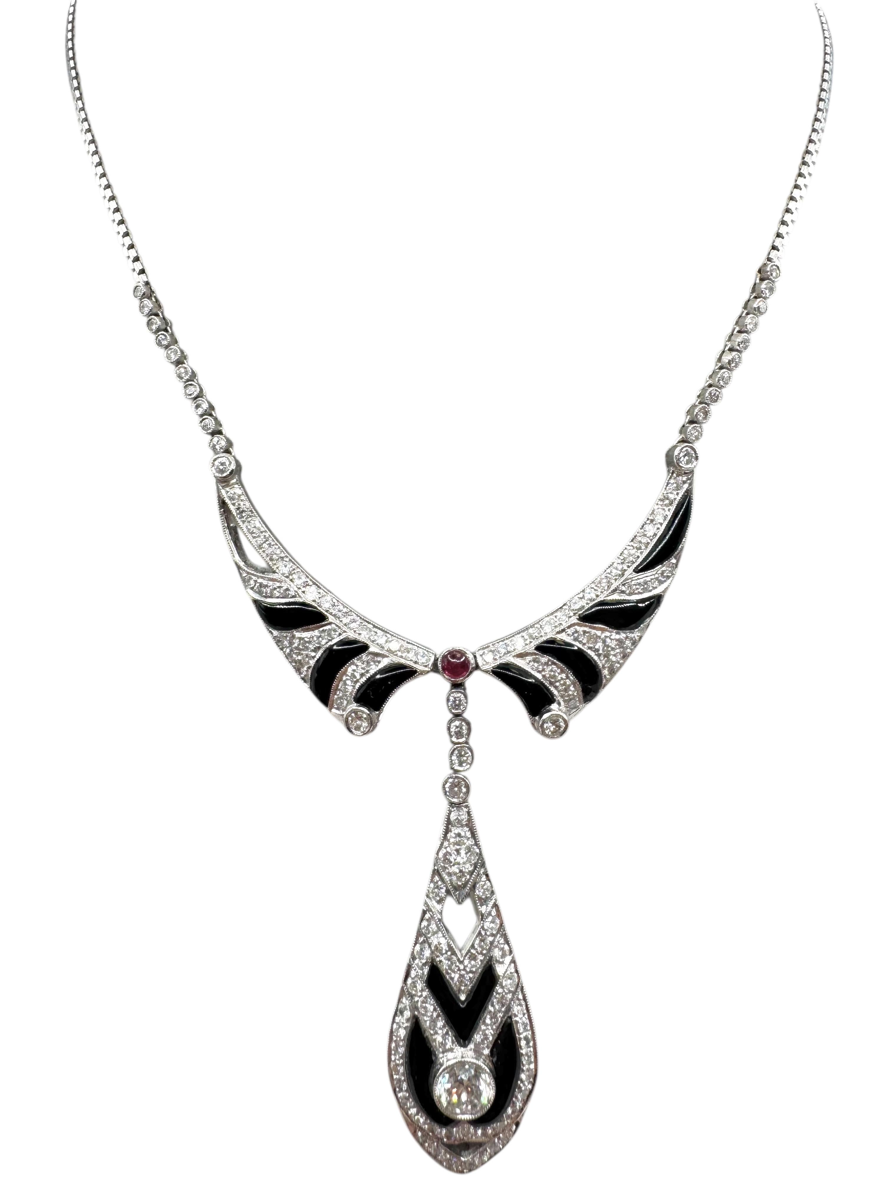 Collier goutte de style Art déco en or blanc 18 carats avec onyx, diamants et rubis en vente 6