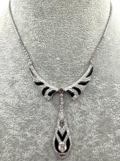 Art Deco Style 18K White Gold Onyx, Diamond, and Ruby Drop Necklace