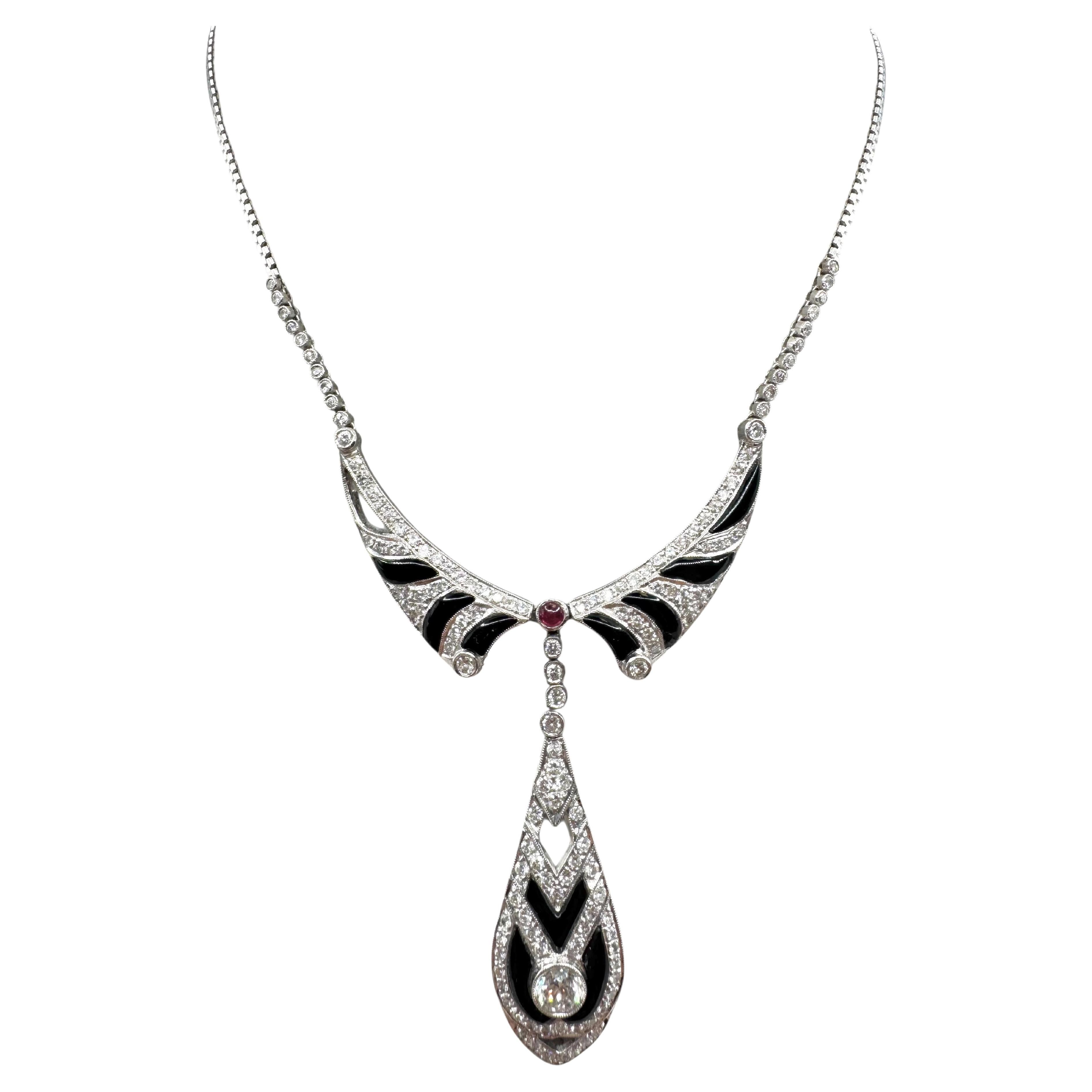 Art Deco Style 18K White Gold Onyx, Diamond, and Ruby Drop Necklace