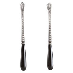 Art Deco Style 18K White Gold Onyx Drops 0.95 Karat Diamonds "Smoking" Earrings