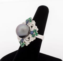 Art Deco Style 18K White Gold, Pearl, Multicolor Gemstone, and Diamond Ring