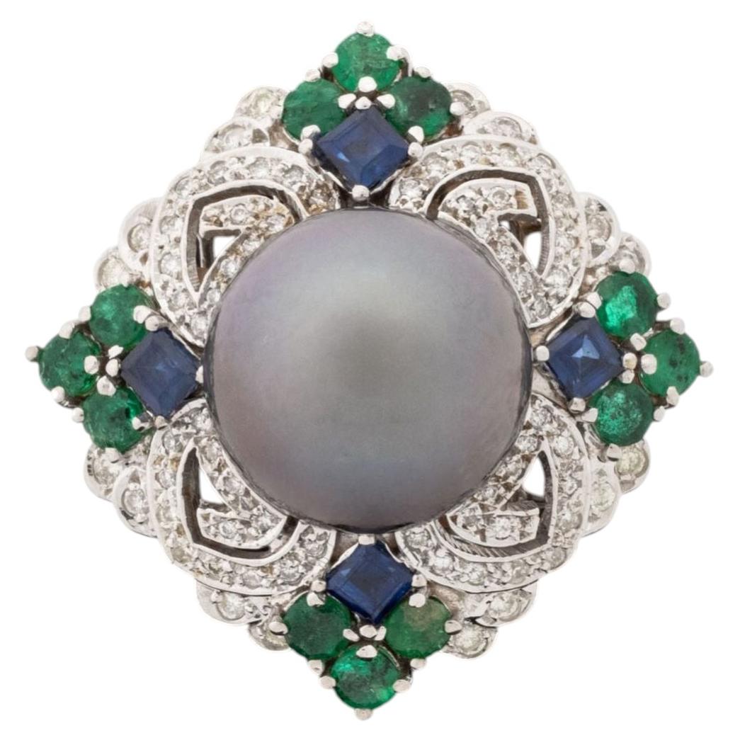 Art Deco Style 18K White Gold, Pearl, Multicolor Gemstone, and Diamond Ring For Sale
