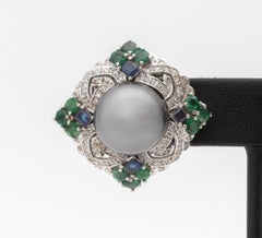 Art Deco Style 18K White Gold, Pearl, Multicolor Gemstones, and Diamond Earrings