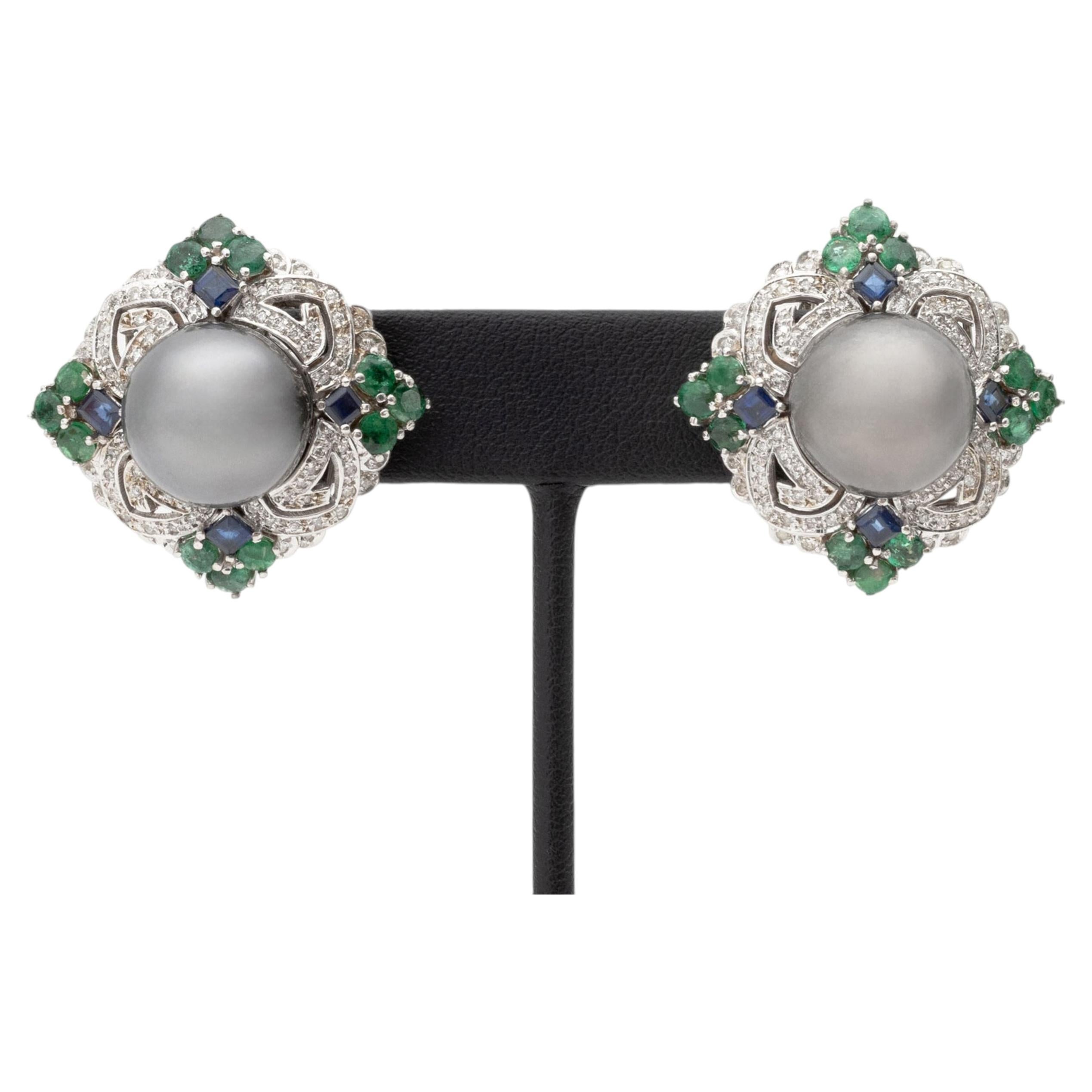 Art Deco Style 18K White Gold, Pearl, Multicolor Gemstones, and Diamond Earrings For Sale