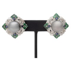 Art Deco Style 18K White Gold, Pearl, Multicolor Gemstones, and Diamond Earrings