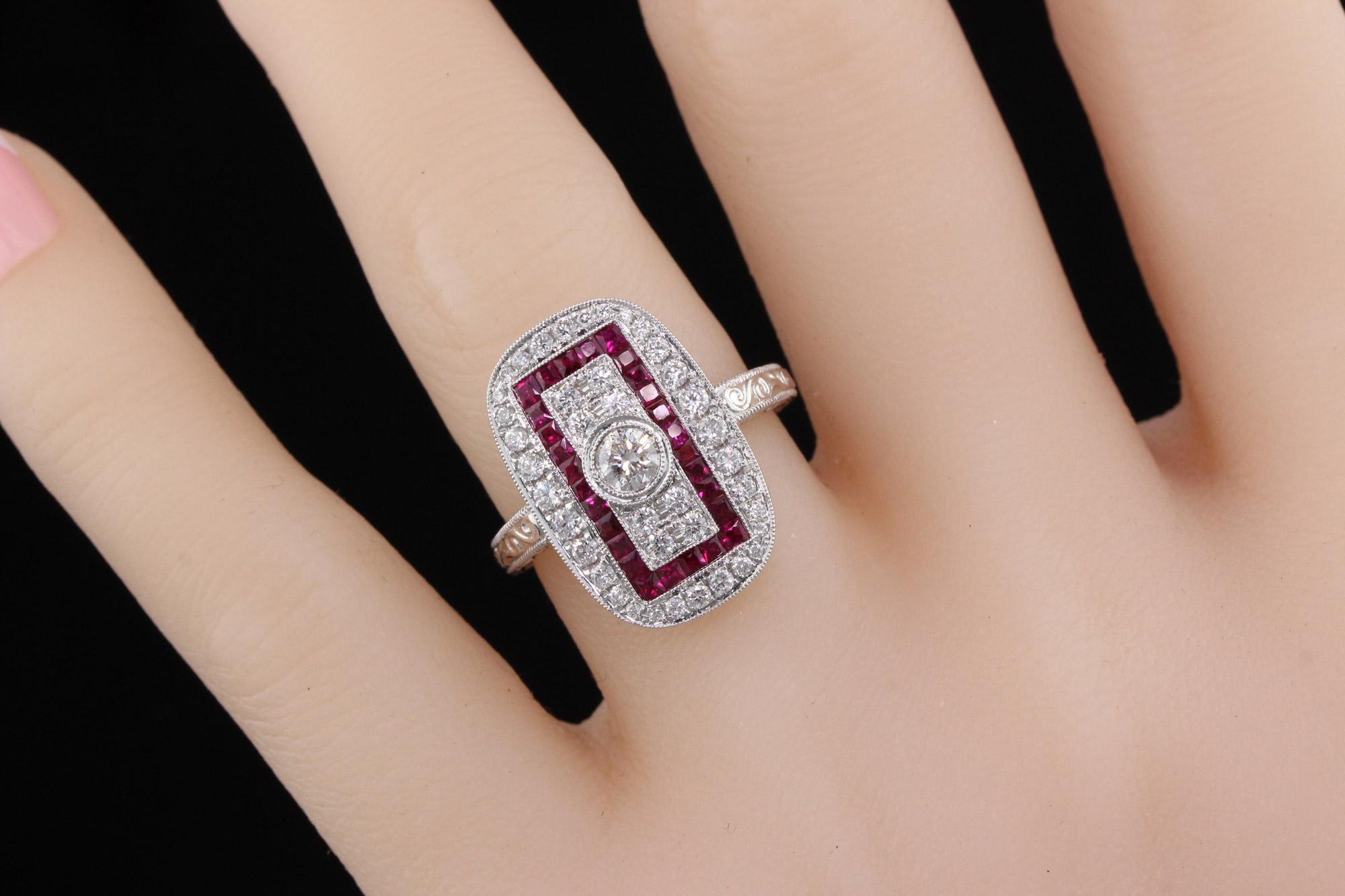 Women's or Men's Art Deco Inspired 18 Karat White Gold Ruby and Diamond Ring