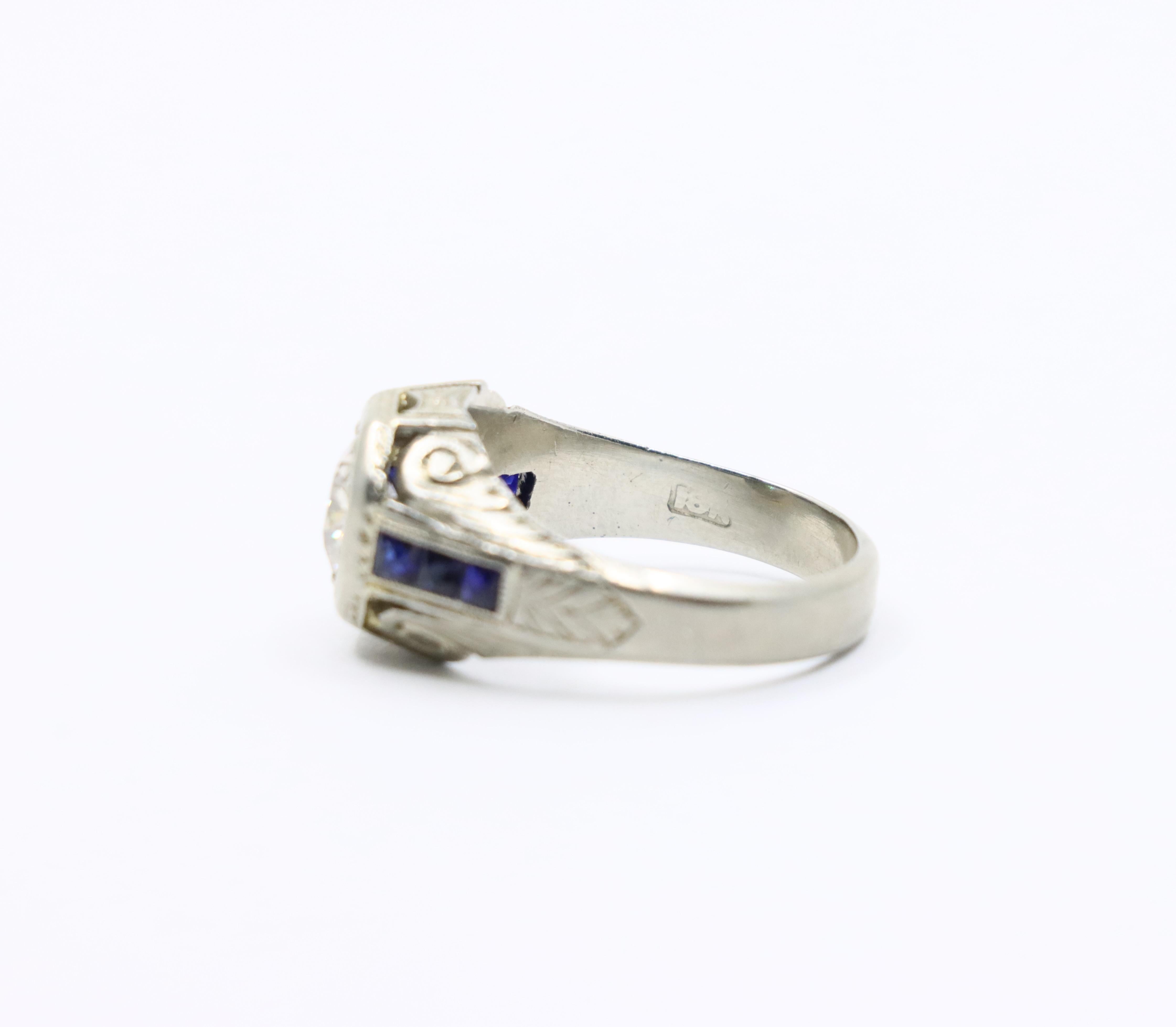 Art Deco Style 18K White Gold Sapphire 1.1 CT Diamond Ring For Sale 5