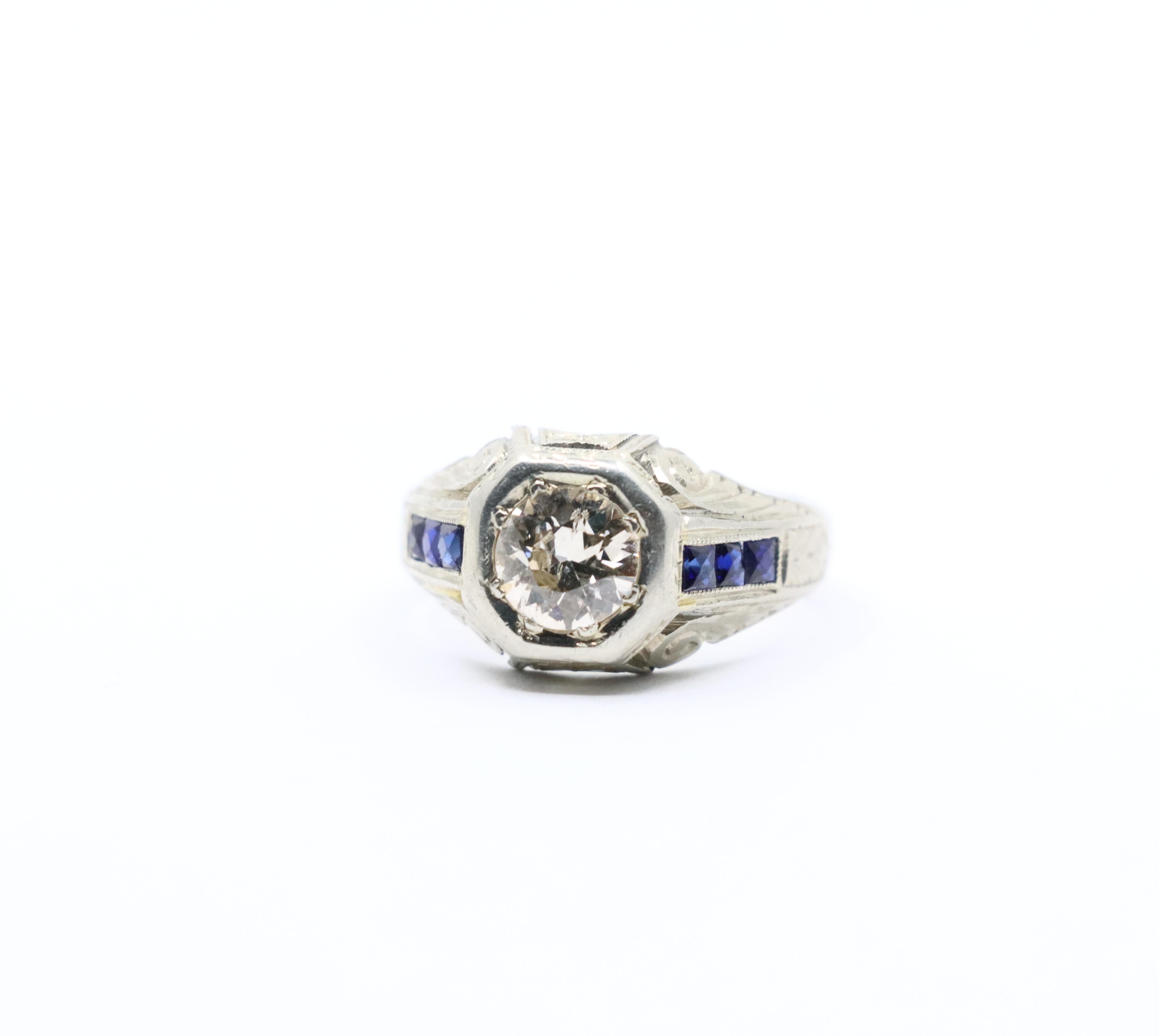 Art Deco Style 18K White Gold Sapphire 1.1 CT Diamond Ring For Sale 6