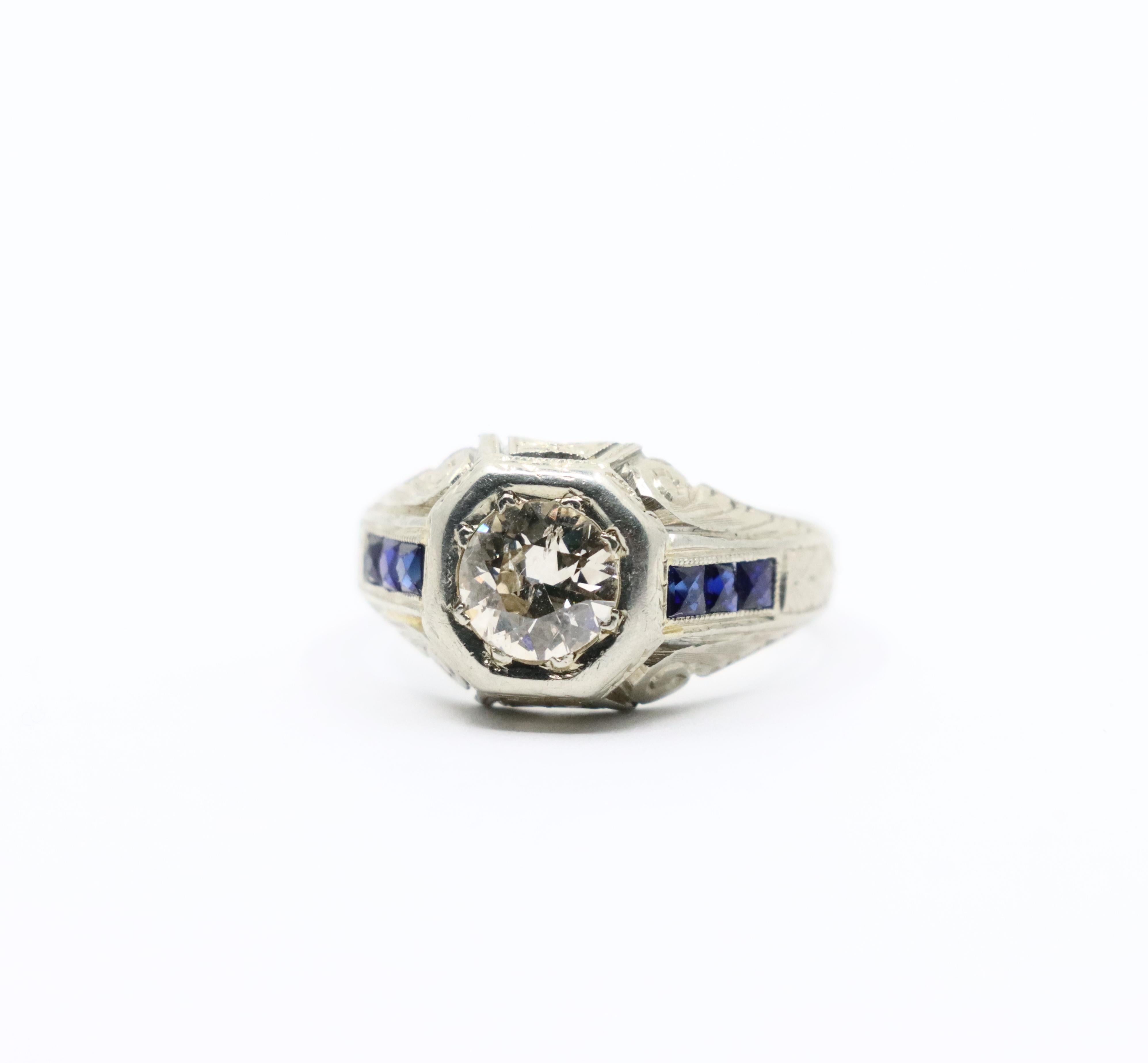 Art Deco Style 18K White Gold Sapphire 1.1 CT Diamond Ring For Sale 7