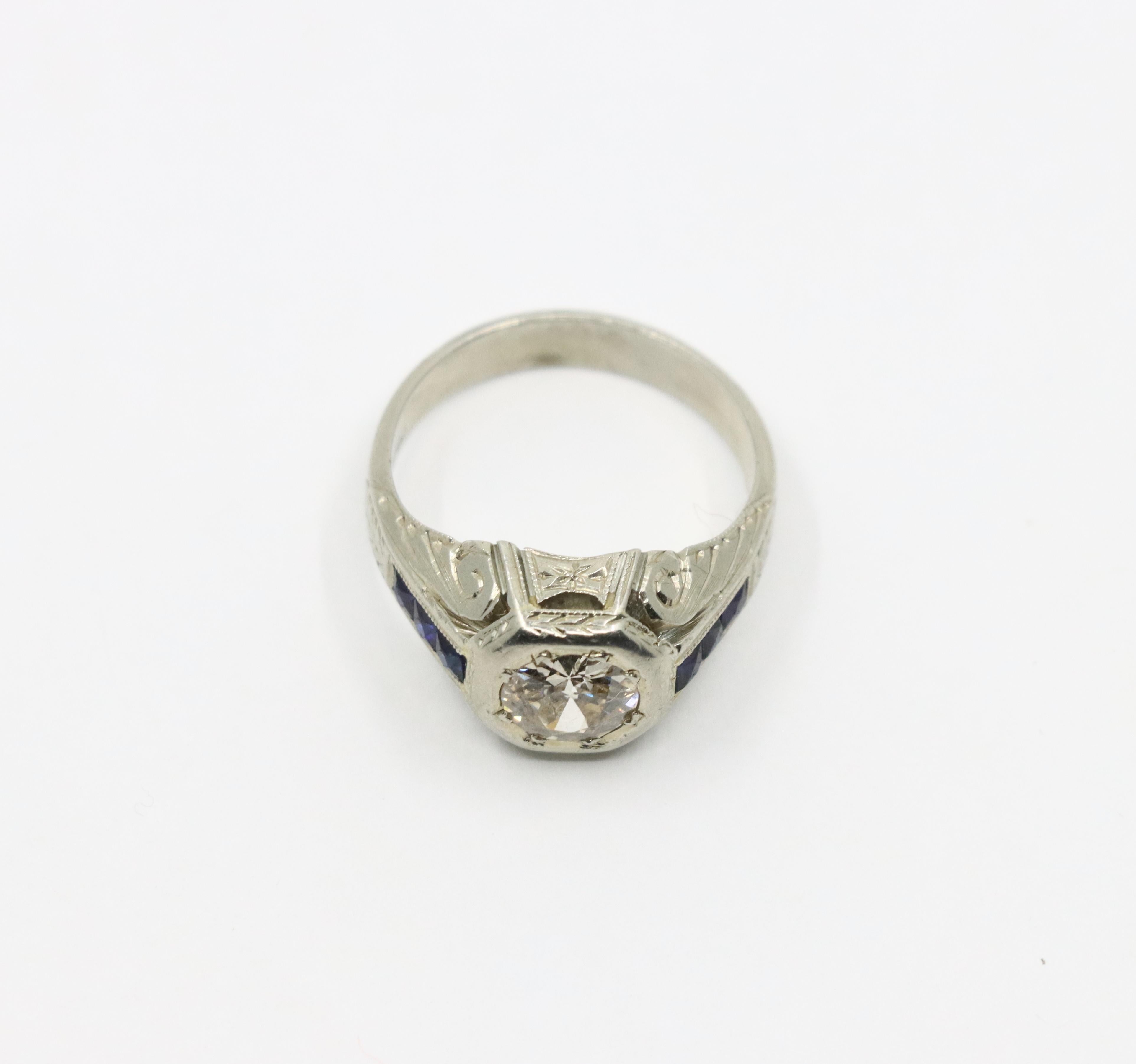 Art Deco Style 18K White Gold Sapphire 1.1 CT Diamond Ring For Sale 8