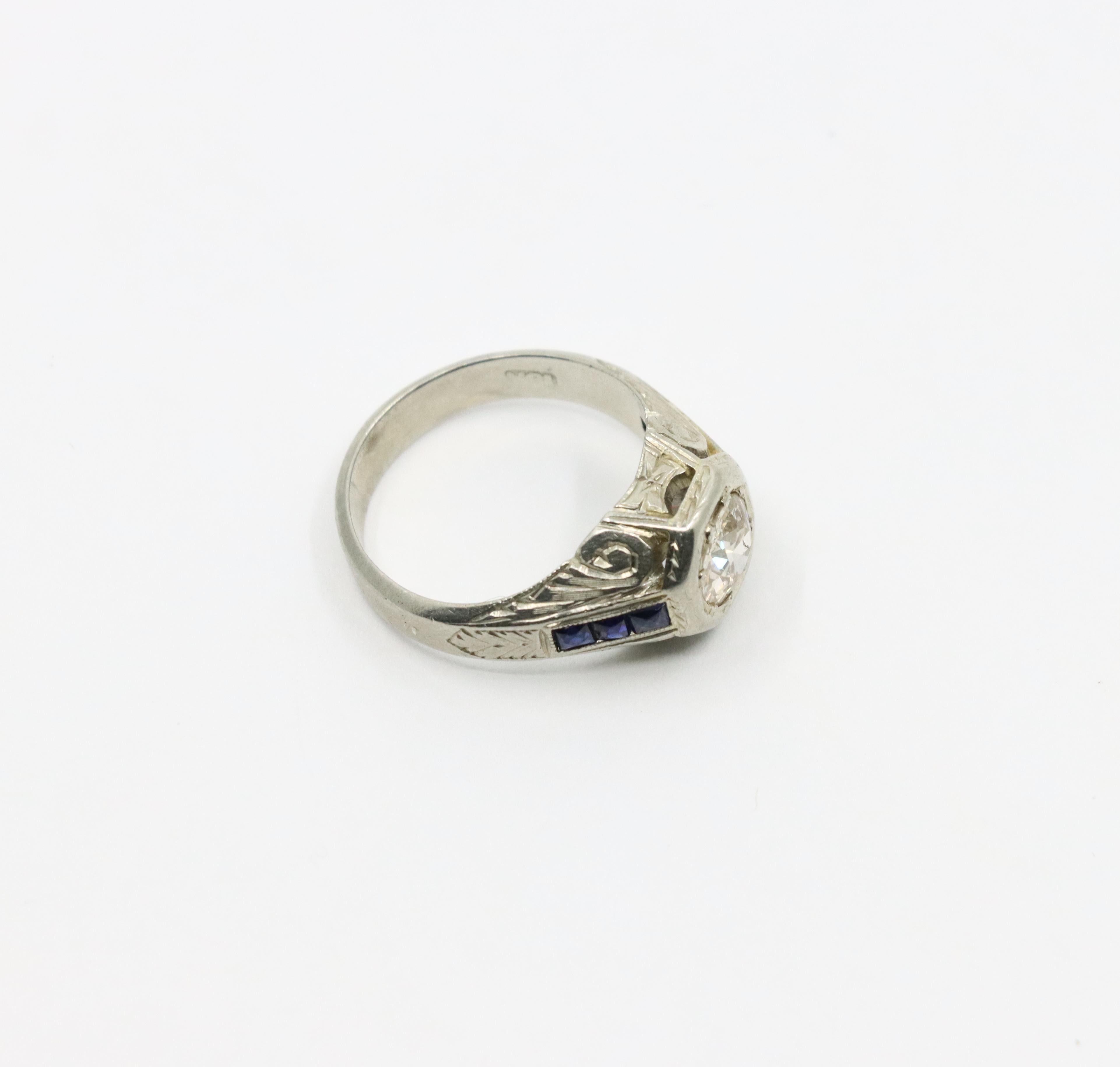 Art Deco Style 18K White Gold Sapphire 1.1 CT Diamond Ring For Sale 9