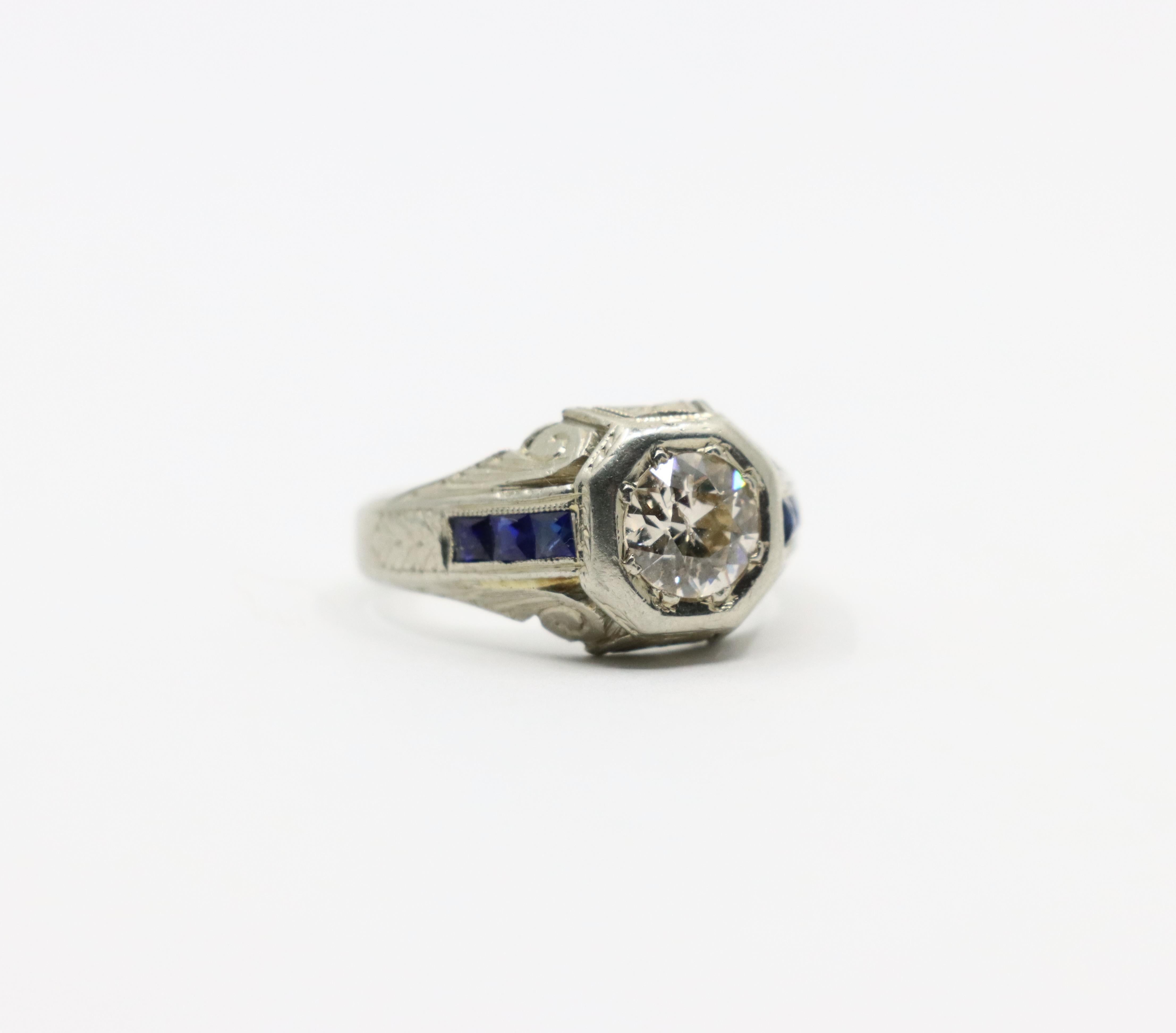 Art Deco Style 18K White Gold Sapphire 1.1 CT Diamond Ring In Good Condition For Sale In Flushing, NY