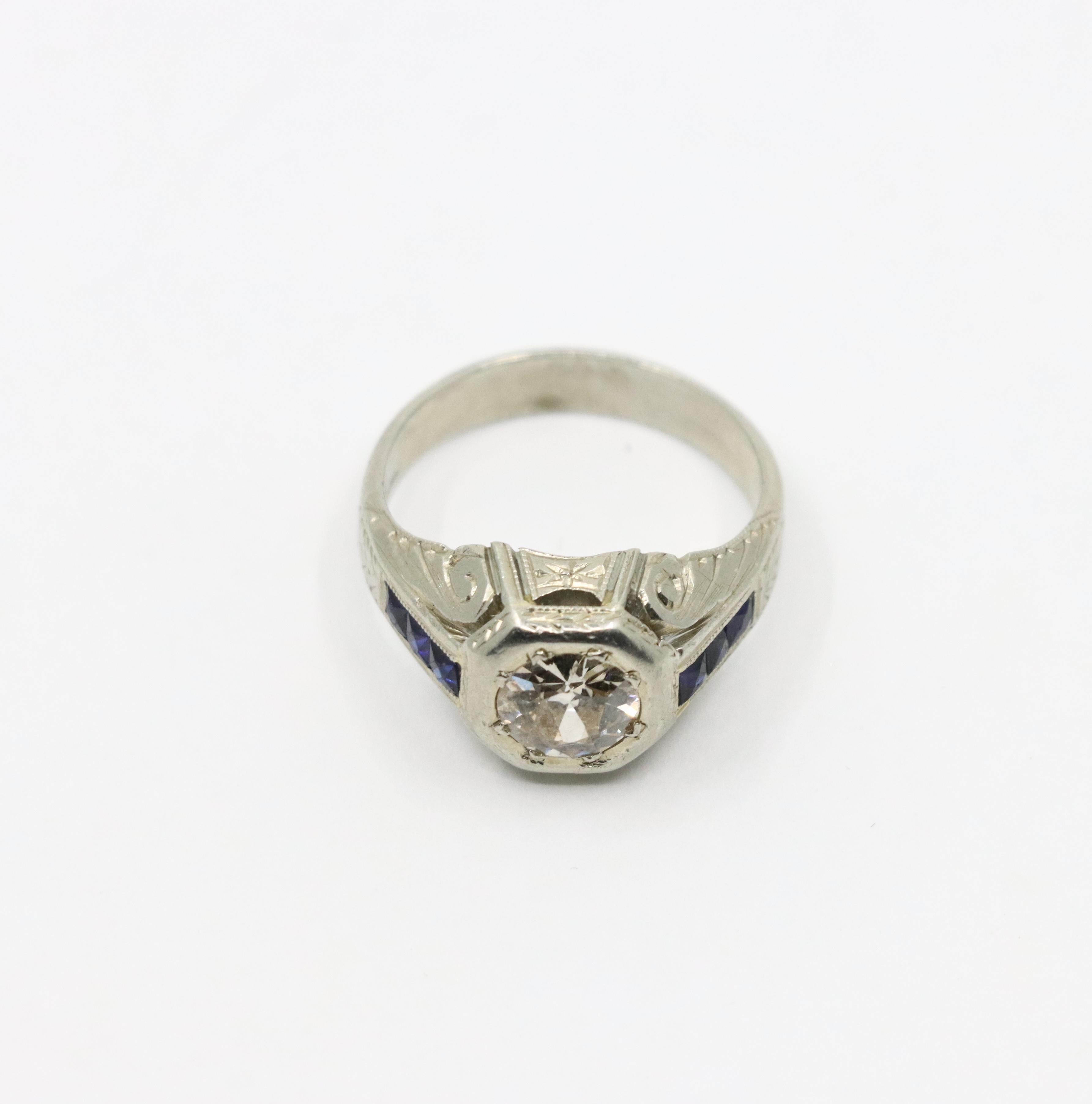 Women's or Men's Art Deco Style 18K White Gold Sapphire 1.1 CT Diamond Ring For Sale